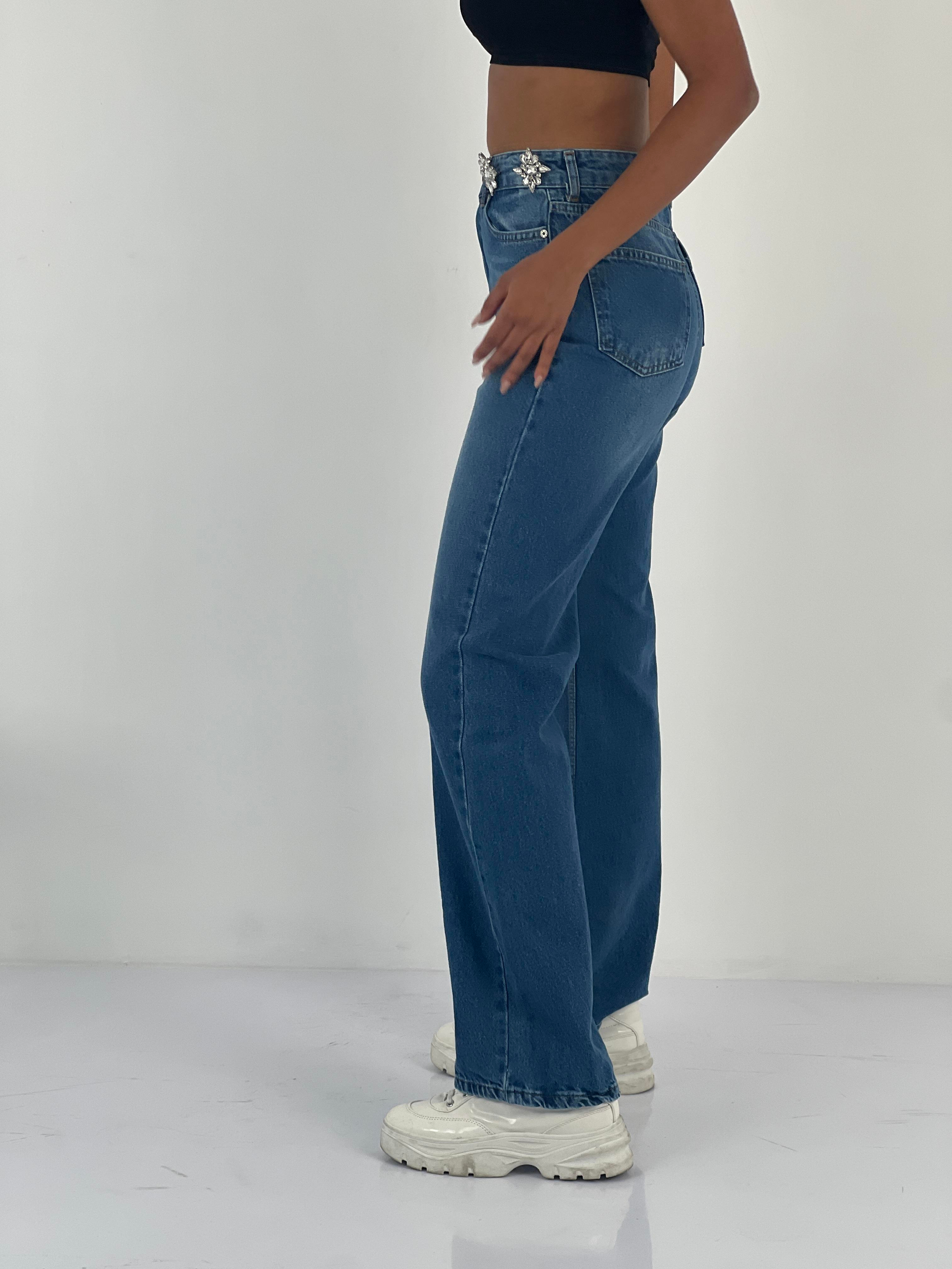 Kadın Aksesuar Taş Detaylı Yüksek Bel Mavi Jean Pantolon-75450-52