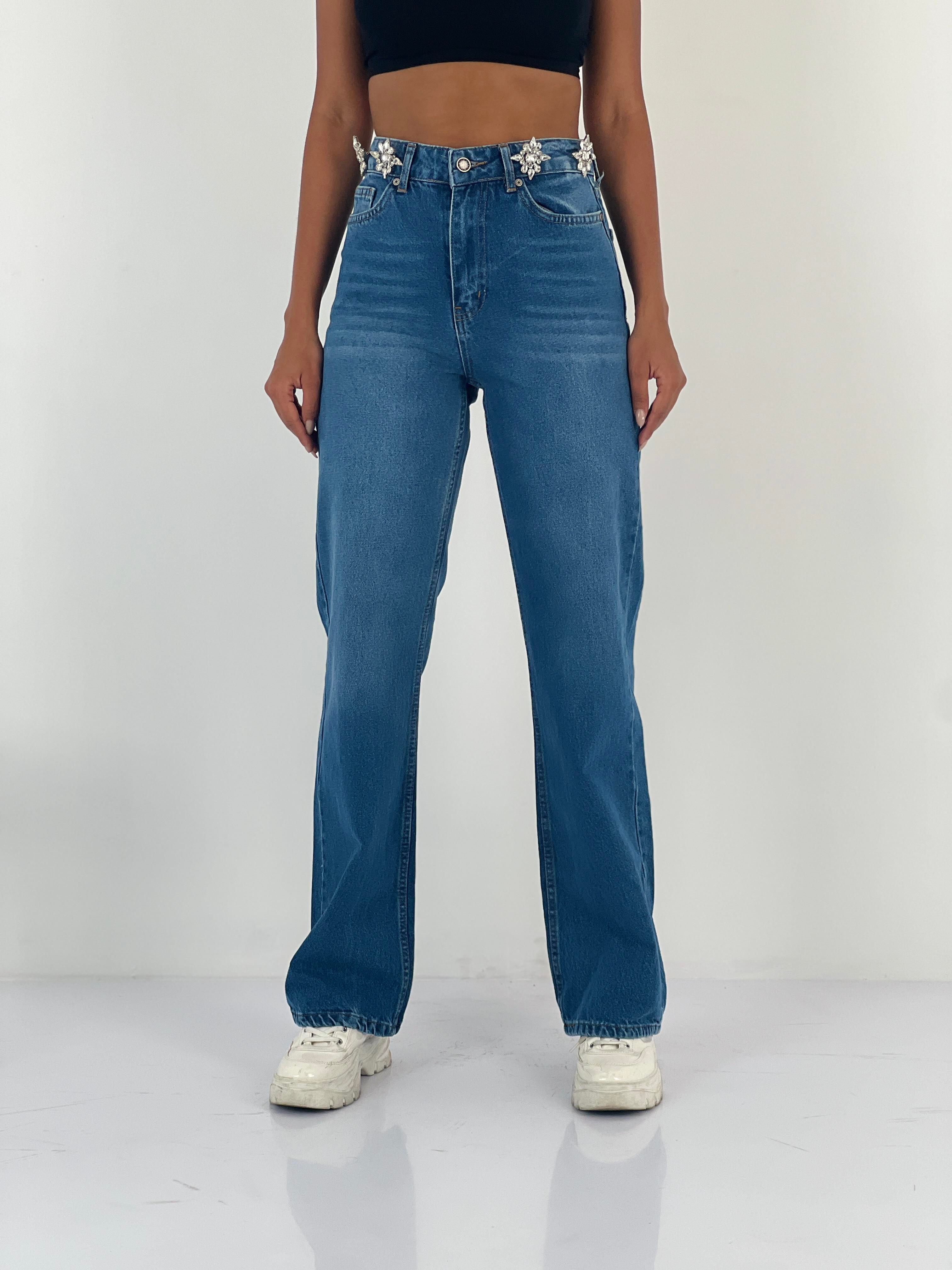 Kadın Aksesuar Taş Detaylı Yüksek Bel Mavi Jean Pantolon-75450-52