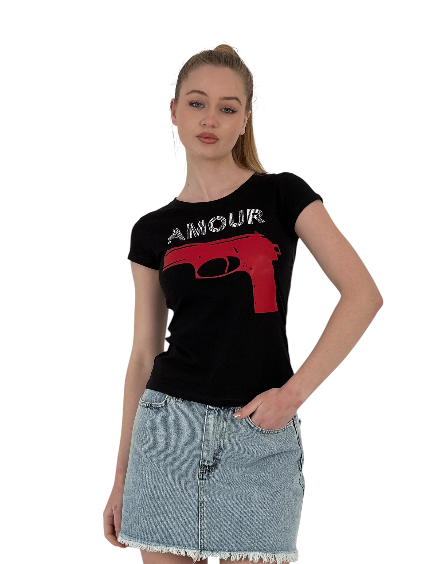 Kadın Amour Taşlı Baskı Kısa Kol Dar Tişört-1551127