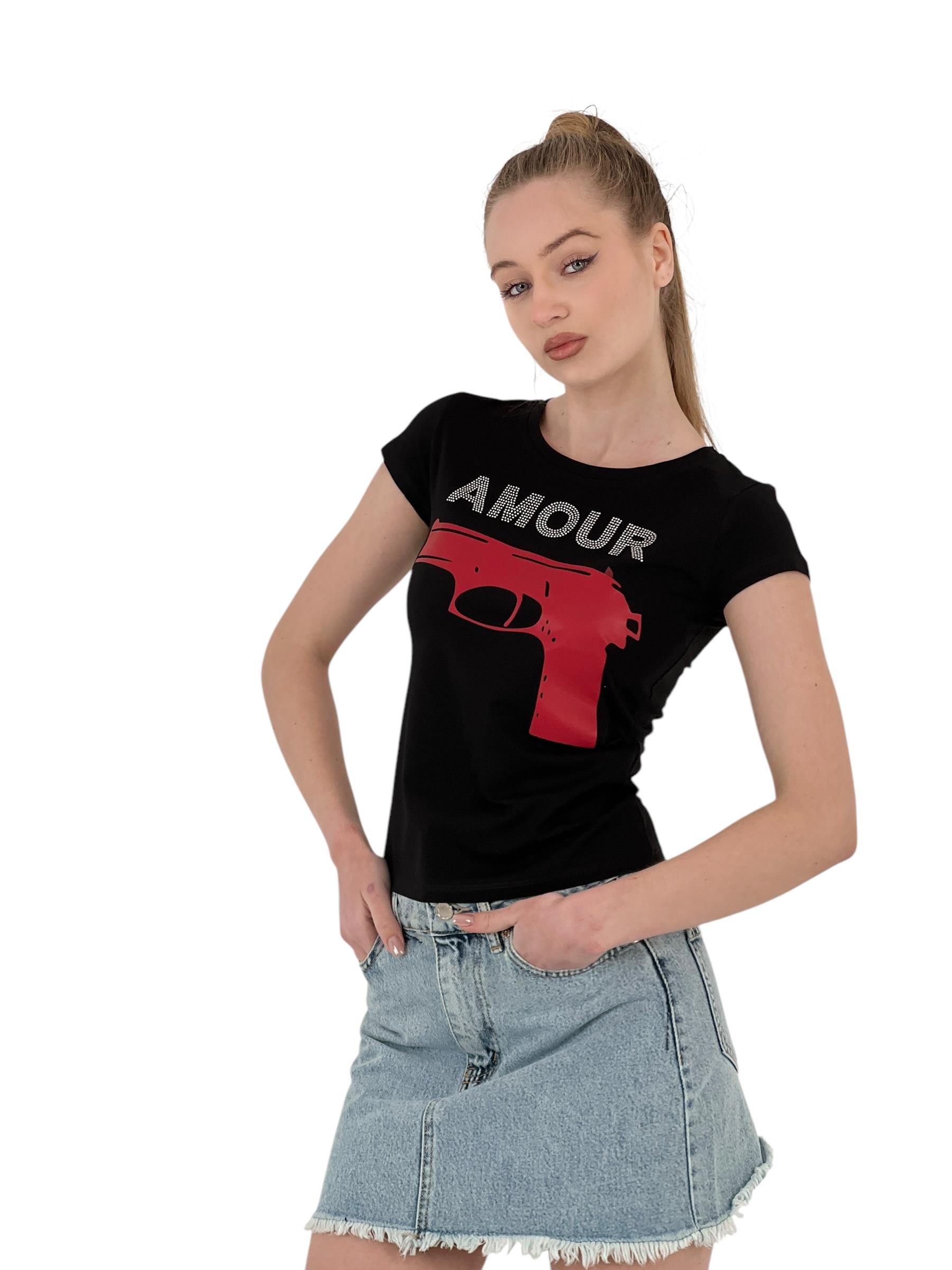 Kadın Amour Taşlı Baskı Kısa Kol Dar Tişört-1551127