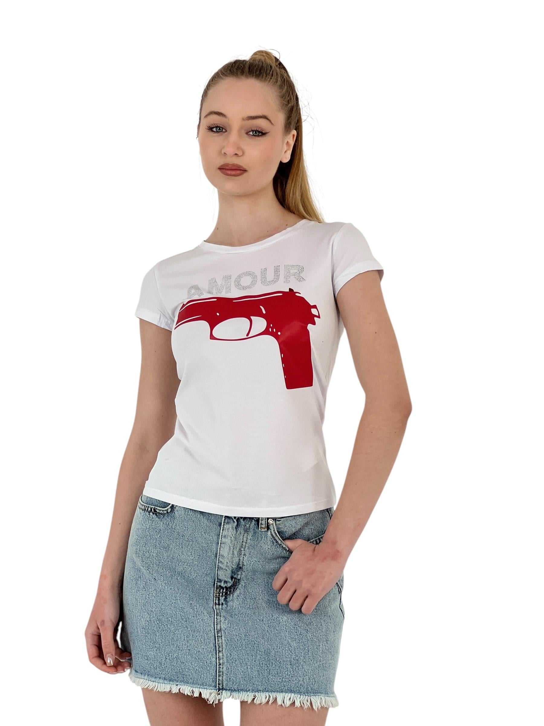 Kadın Amour Taşlı Baskı Kısa Kol Dar Tişört-1551127