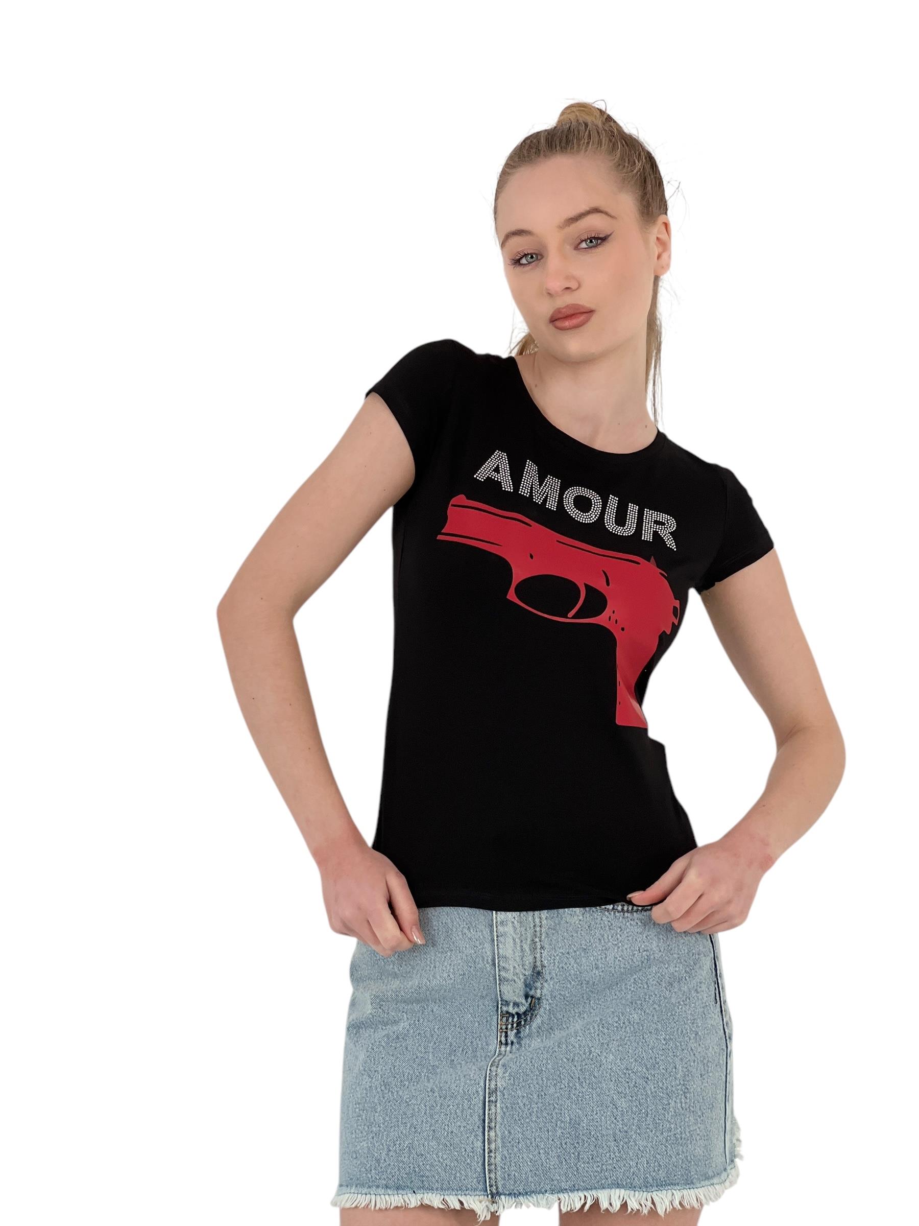Kadın Amour Taşlı Baskı Kısa Kol Dar Tişört-1551127