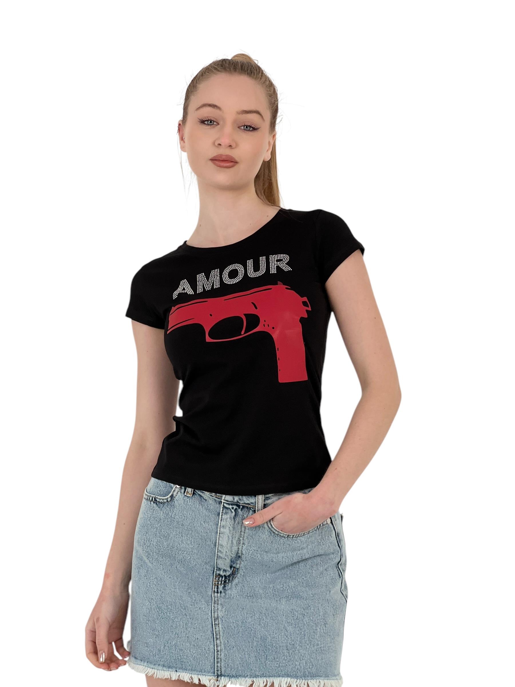 Kadın Amour Taşlı Baskı Kısa Kol Dar Tişört-1551127