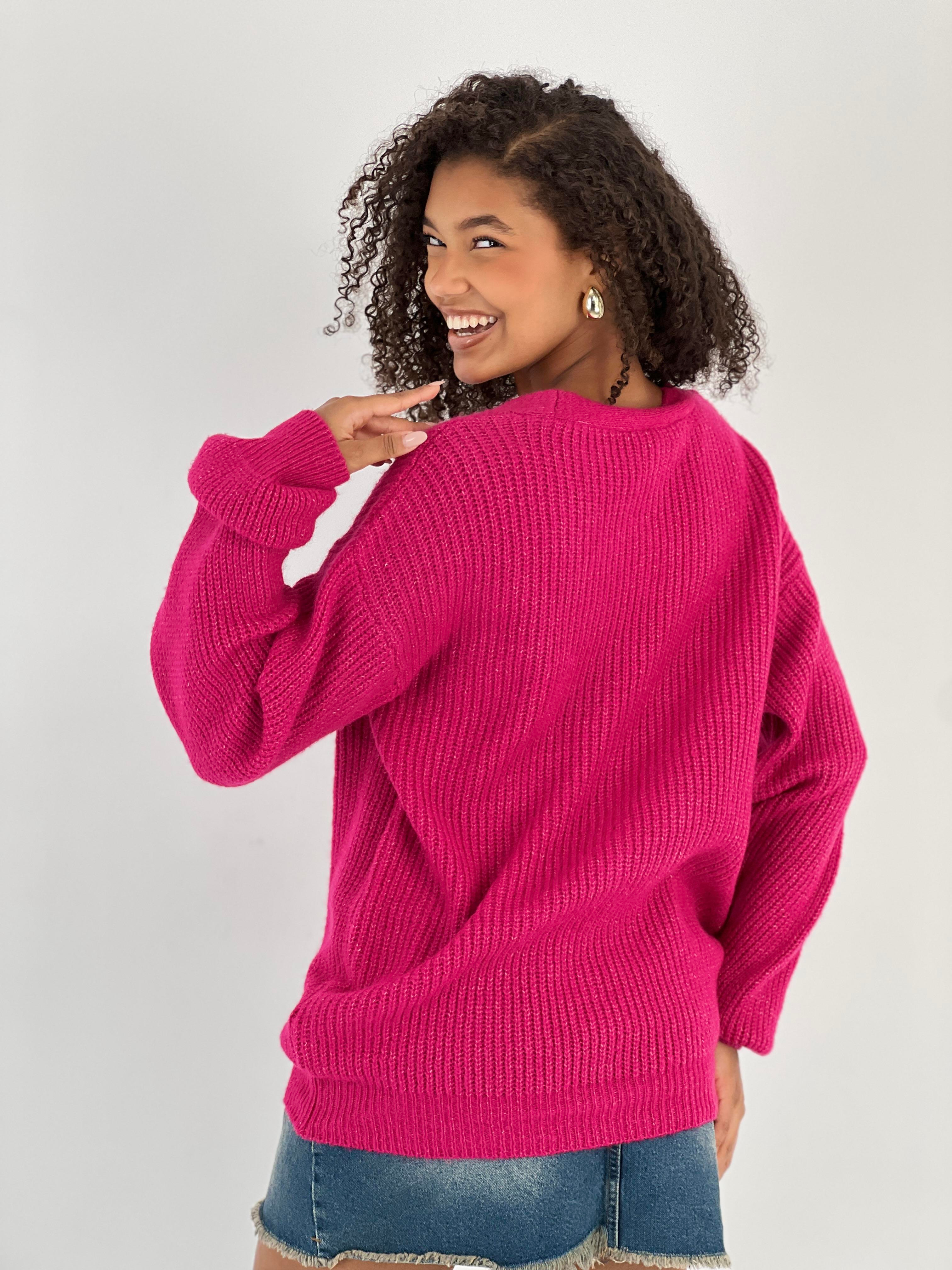 Kadın Balon Kol Düğmeli Fuşya Triko Hırka-33231-5