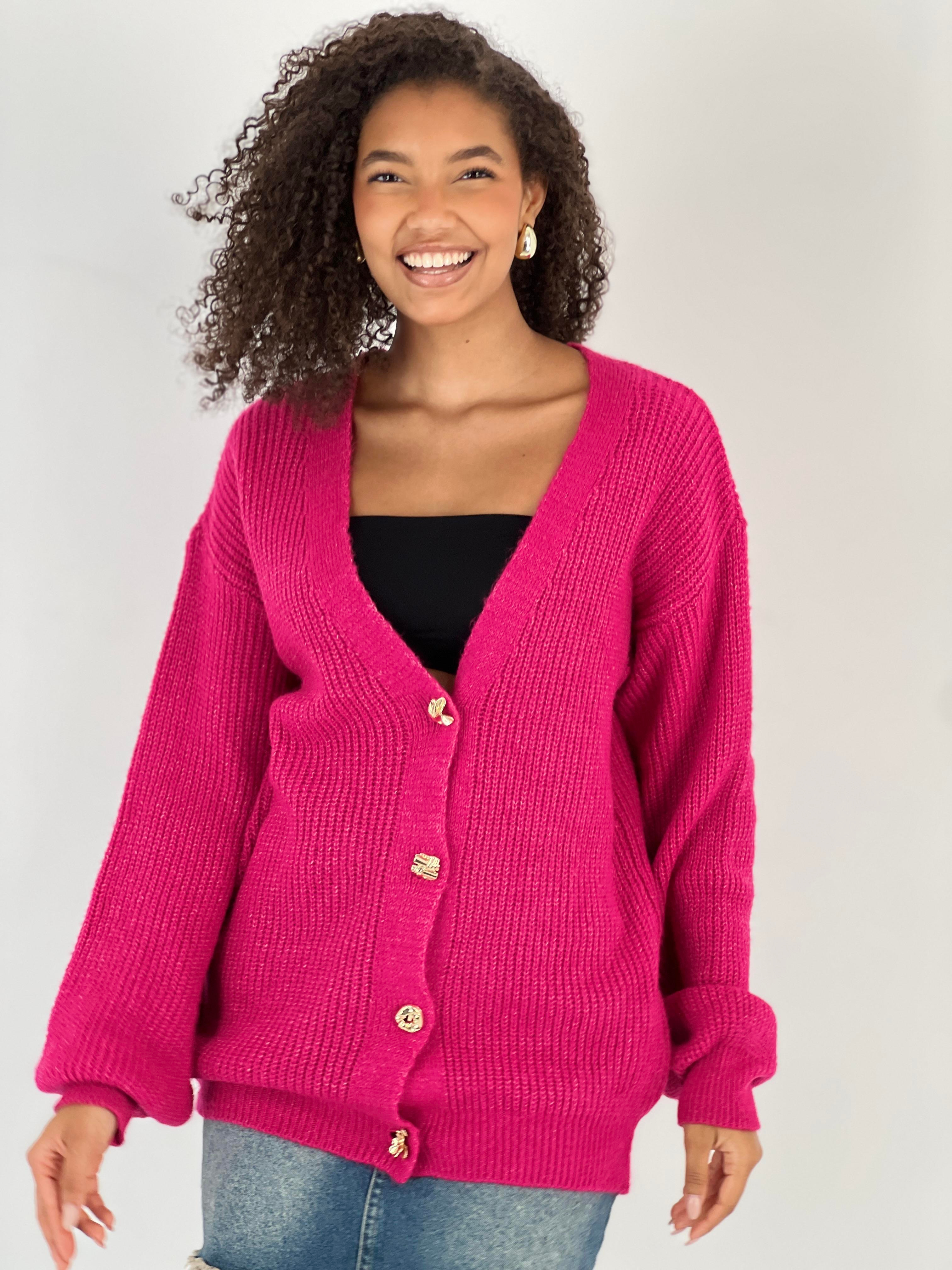 Kadın Balon Kol Düğmeli Fuşya Triko Hırka-33231-5