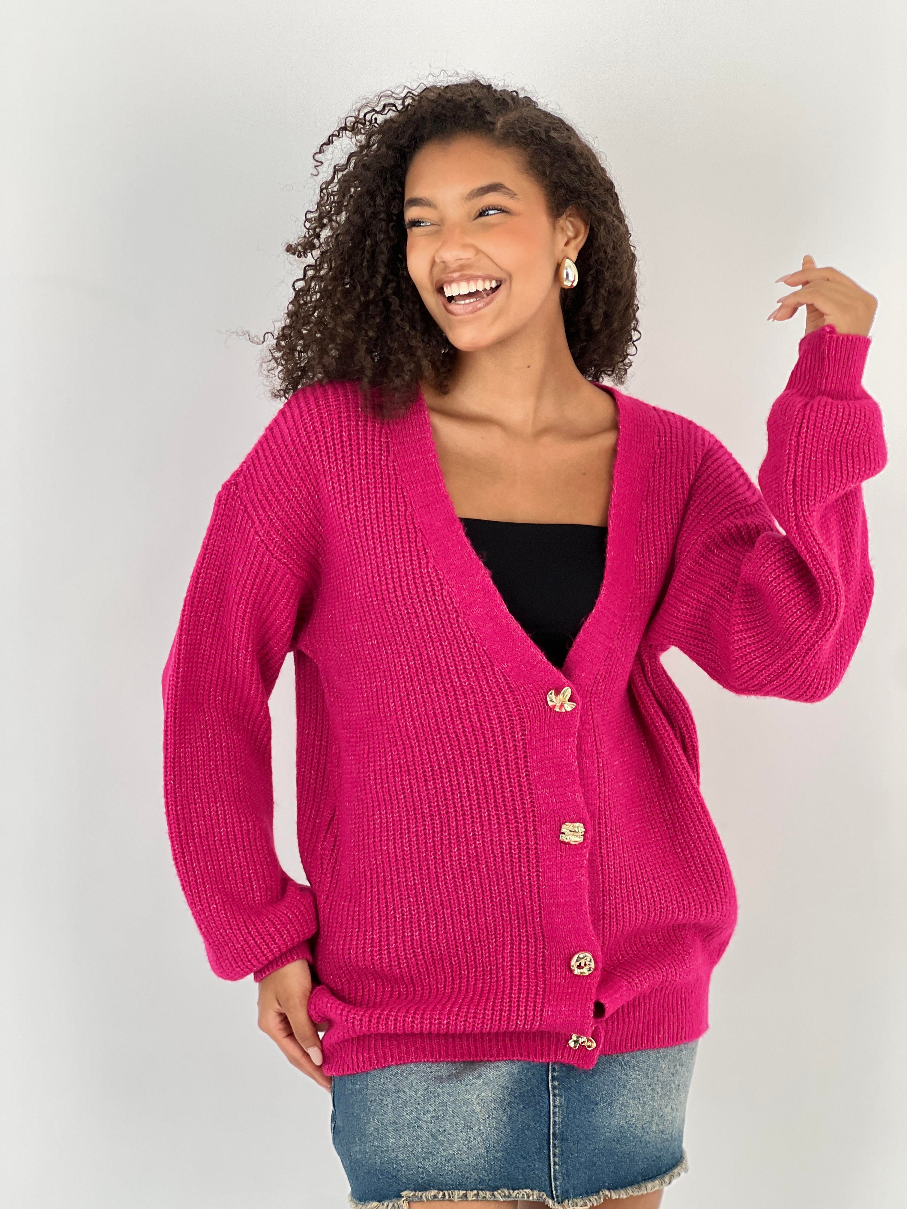 Kadın Balon Kol Düğmeli Fuşya Triko Hırka-33231-5