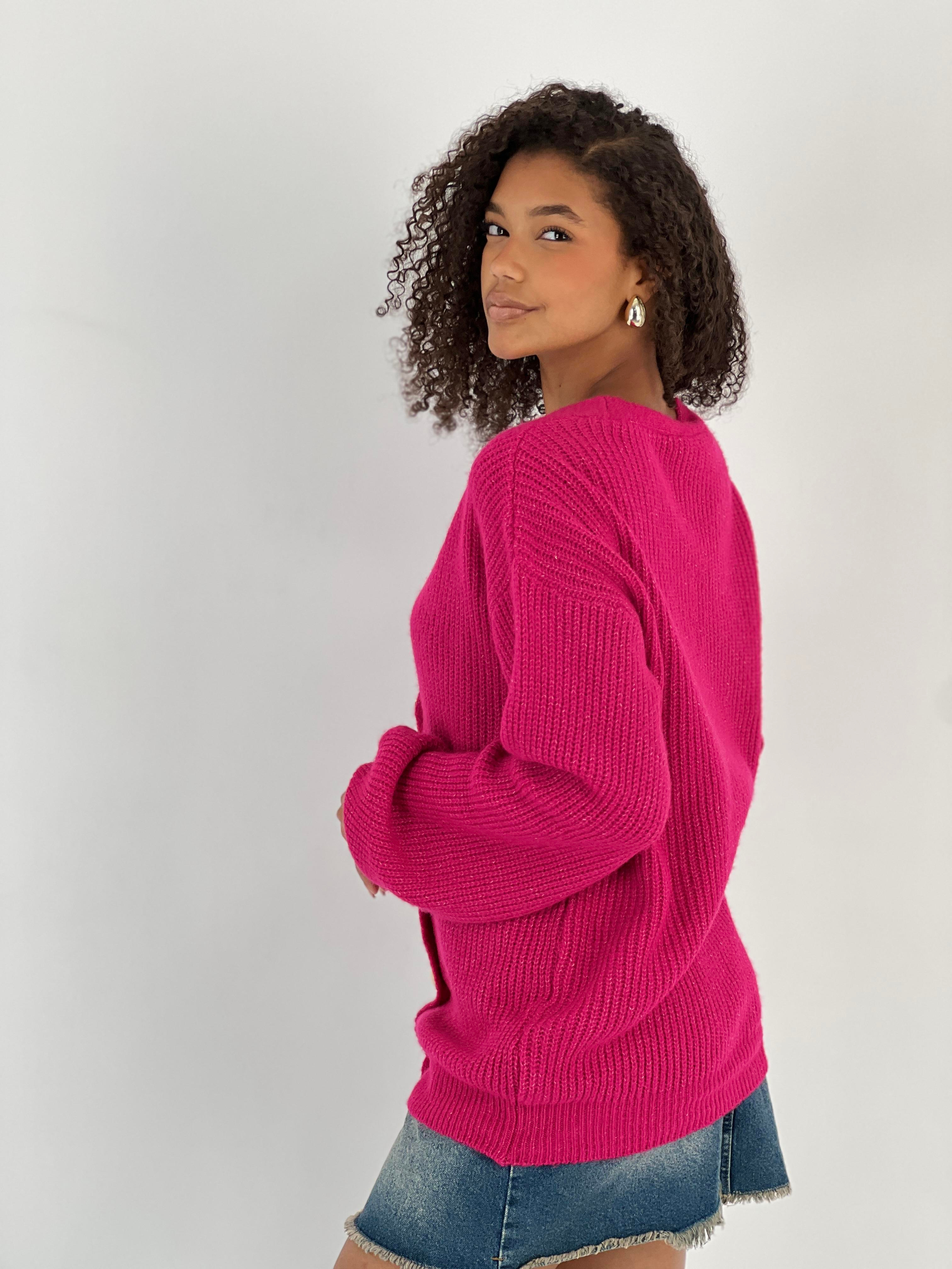 Kadın Balon Kol Düğmeli Fuşya Triko Hırka-33231-5