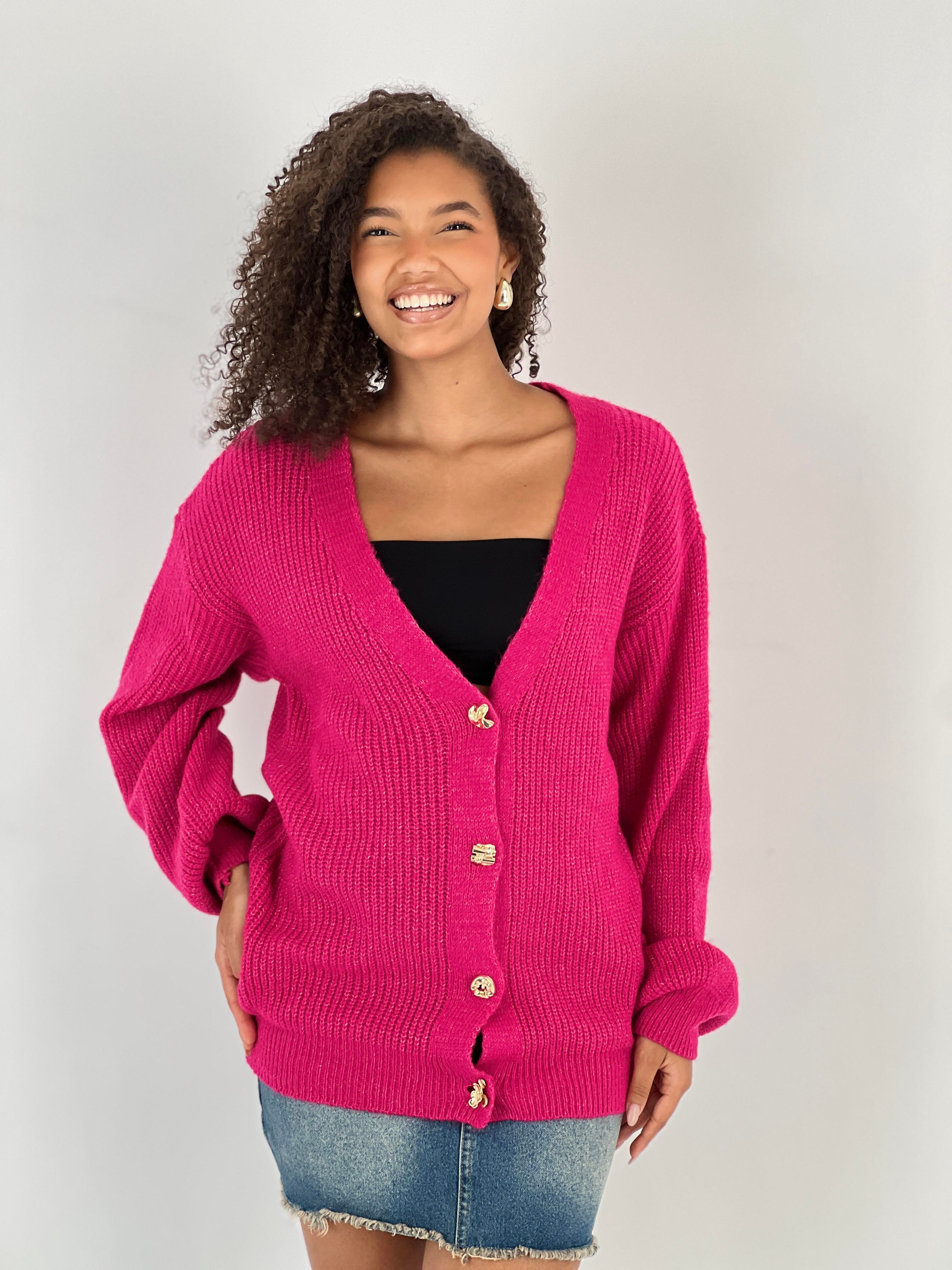 Kadın Balon Kol Düğmeli Fuşya Triko Hırka-33231-5