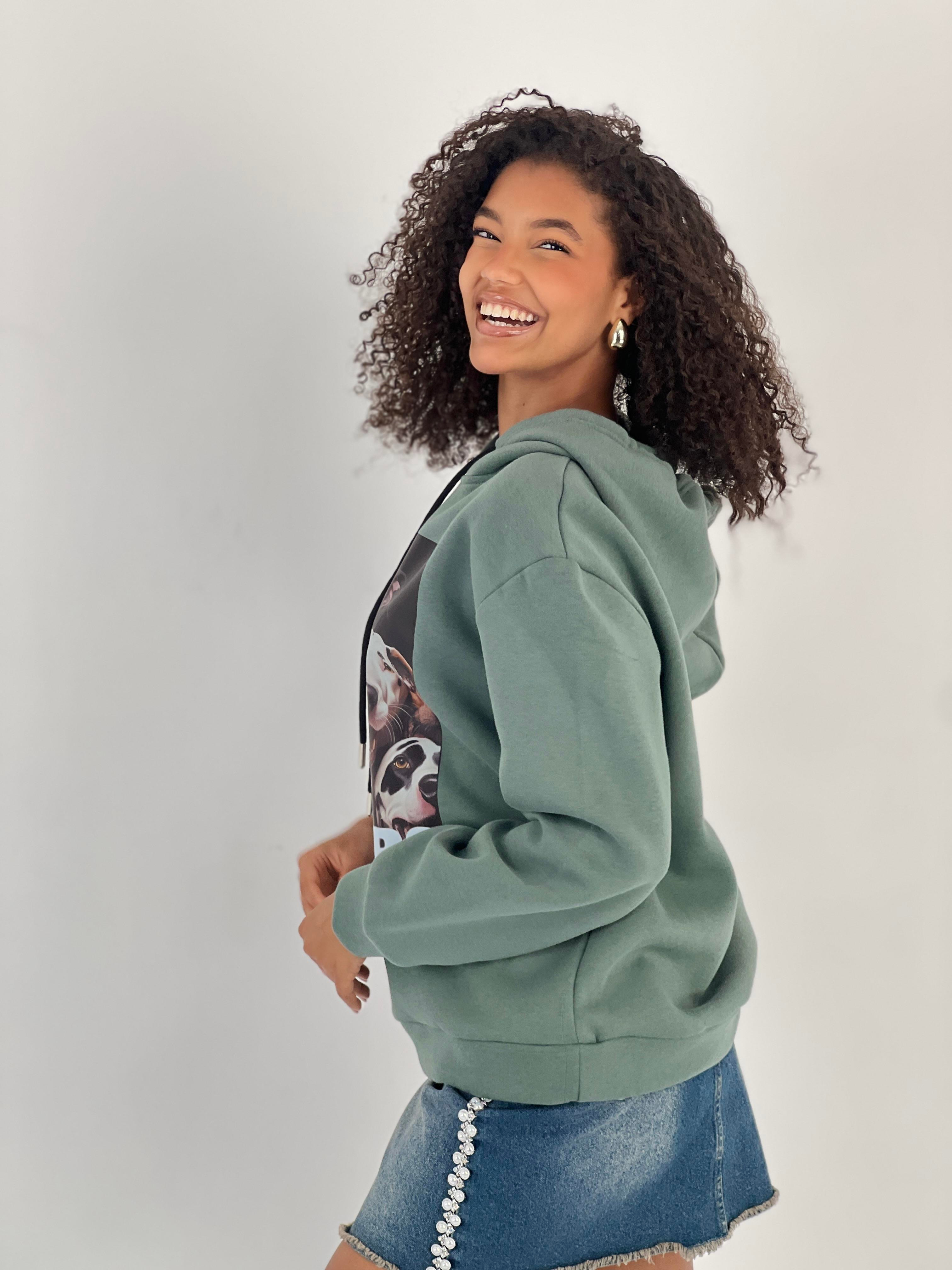 Kadın Baskılı Haki Kapüşonlu Sweatshirt-17386-3