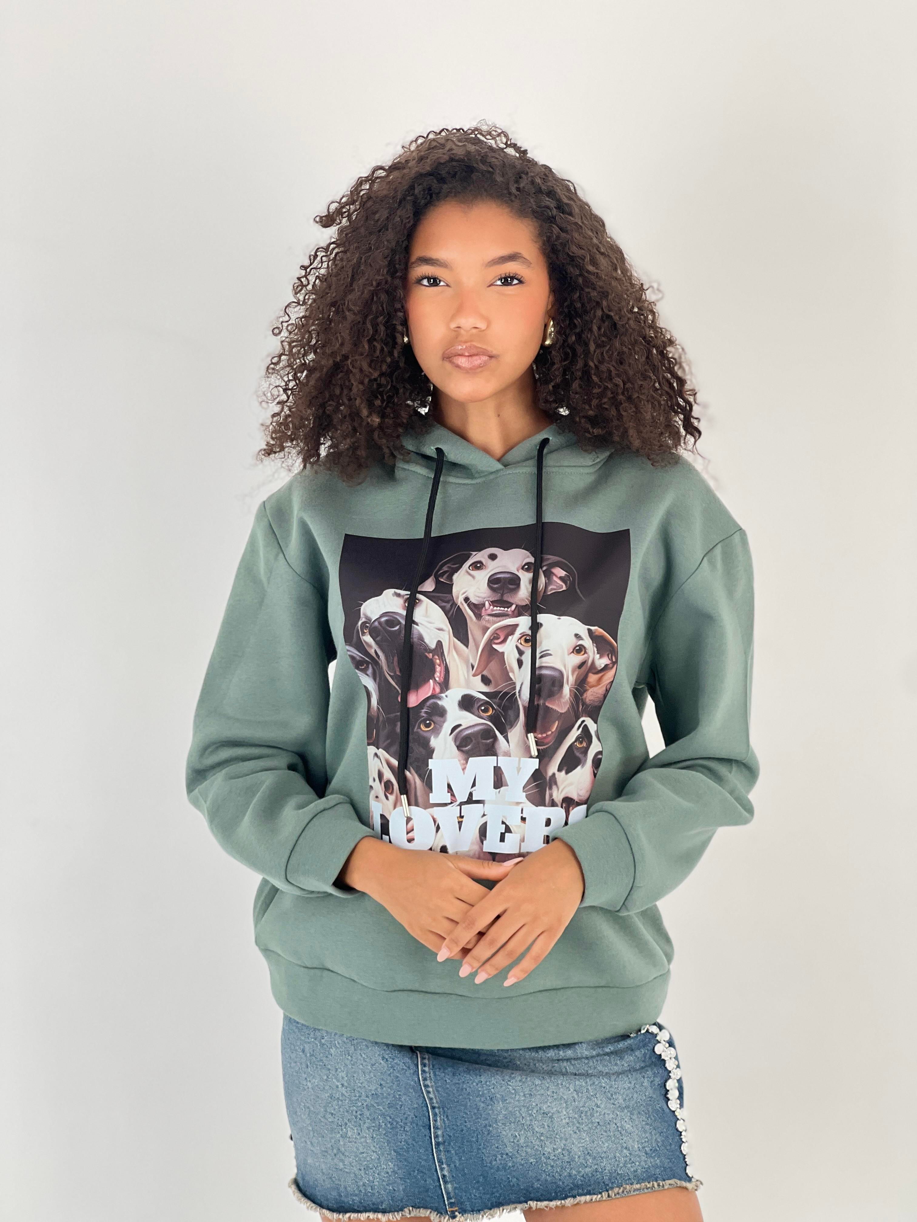 Kadın Baskılı Haki Kapüşonlu Sweatshirt-17386-3