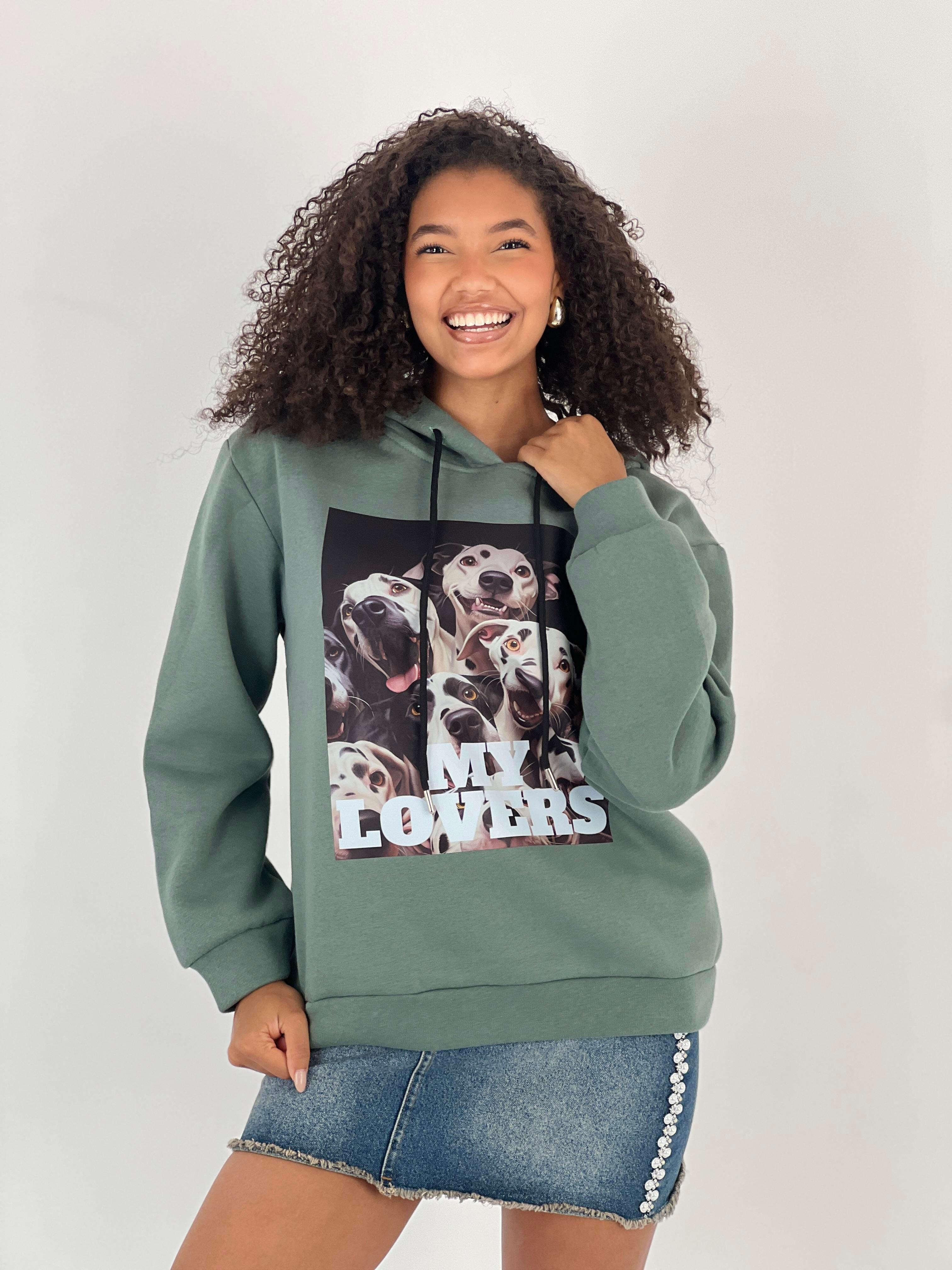 Kadın Baskılı Haki Kapüşonlu Sweatshirt-17386-3