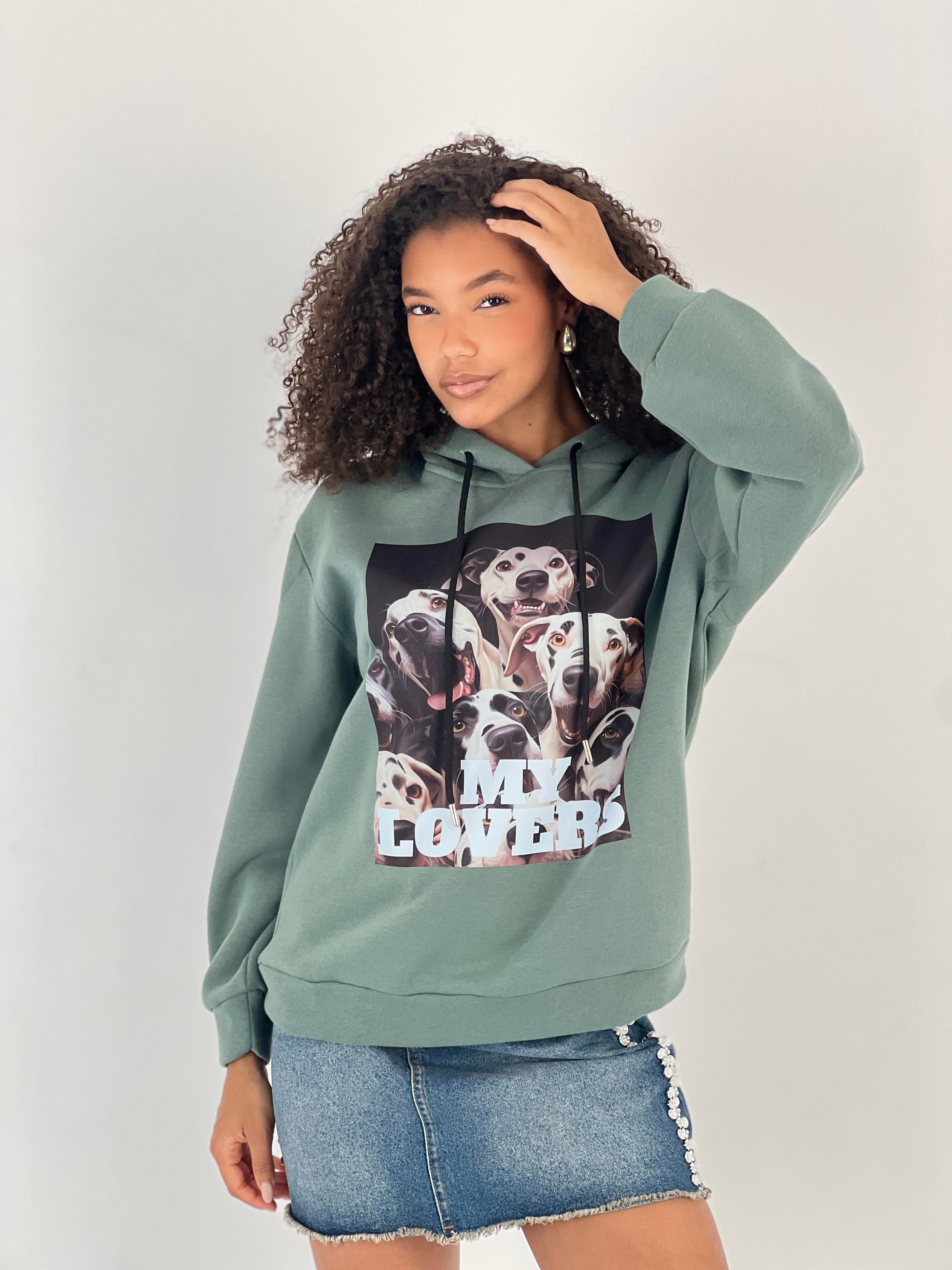 Kadın Baskılı Haki Kapüşonlu Sweatshirt-17386-3