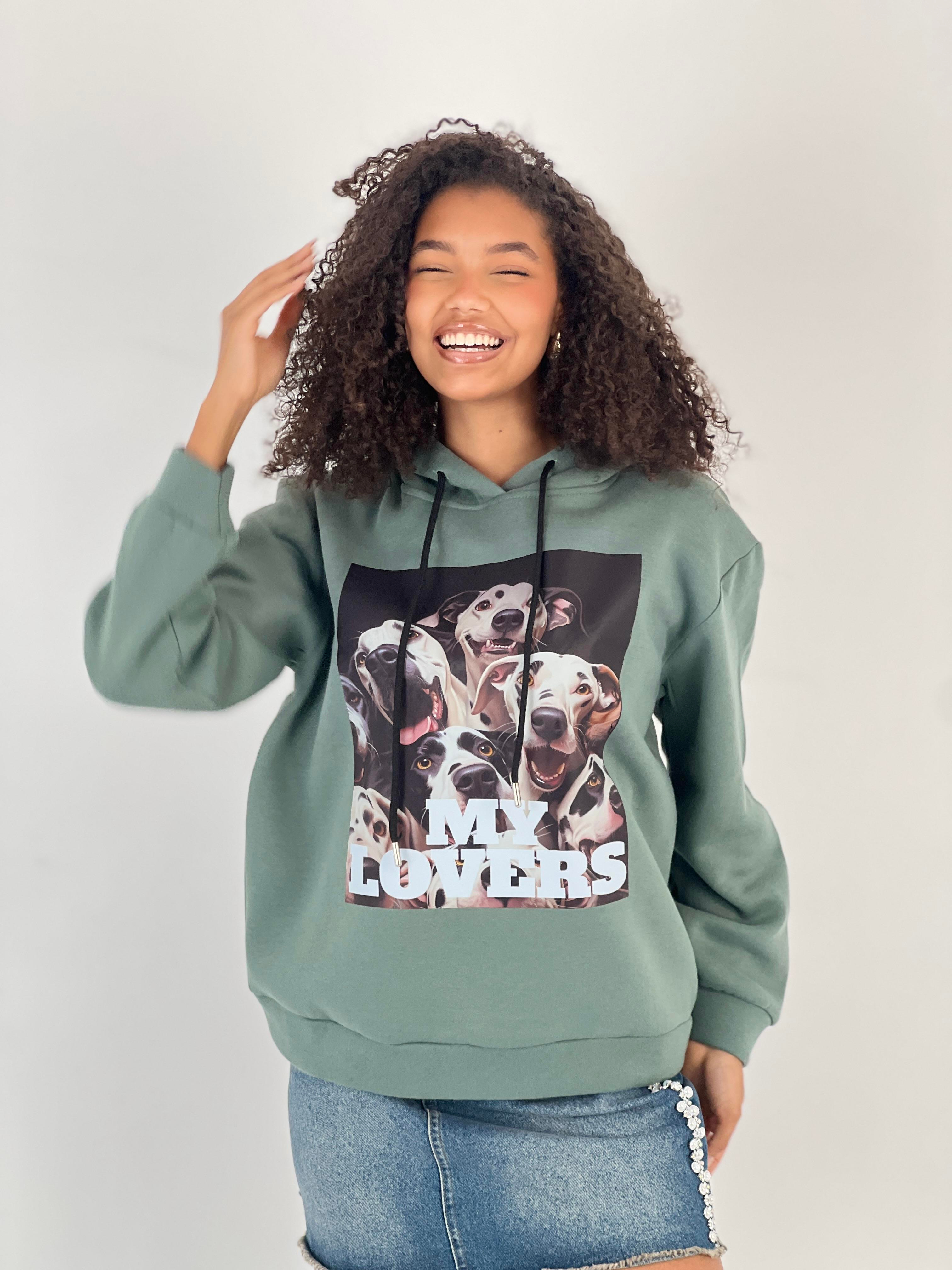 Kadın Baskılı Haki Kapüşonlu Sweatshirt-17386-3