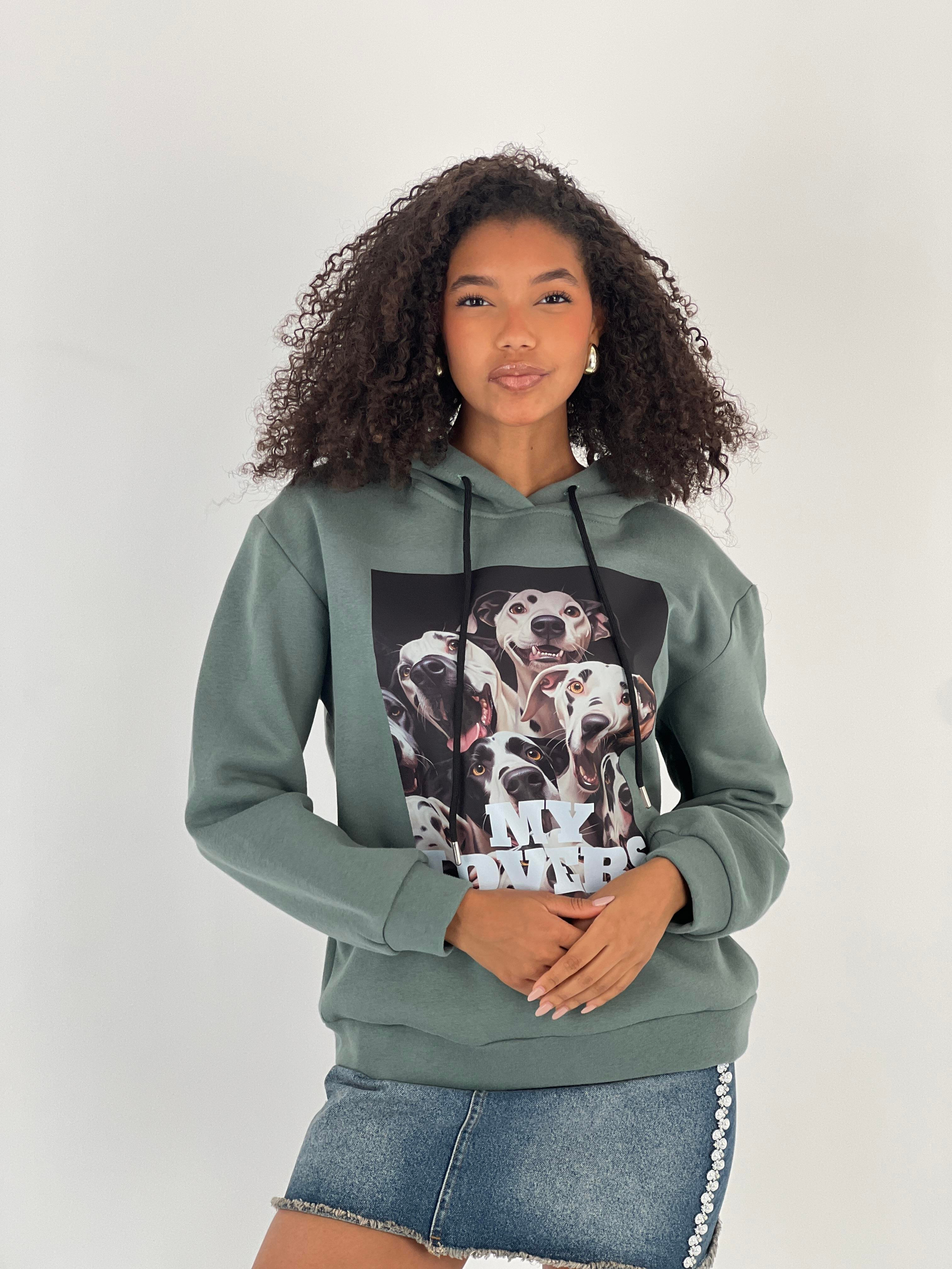 Kadın Baskılı Haki Kapüşonlu Sweatshirt-17386-3