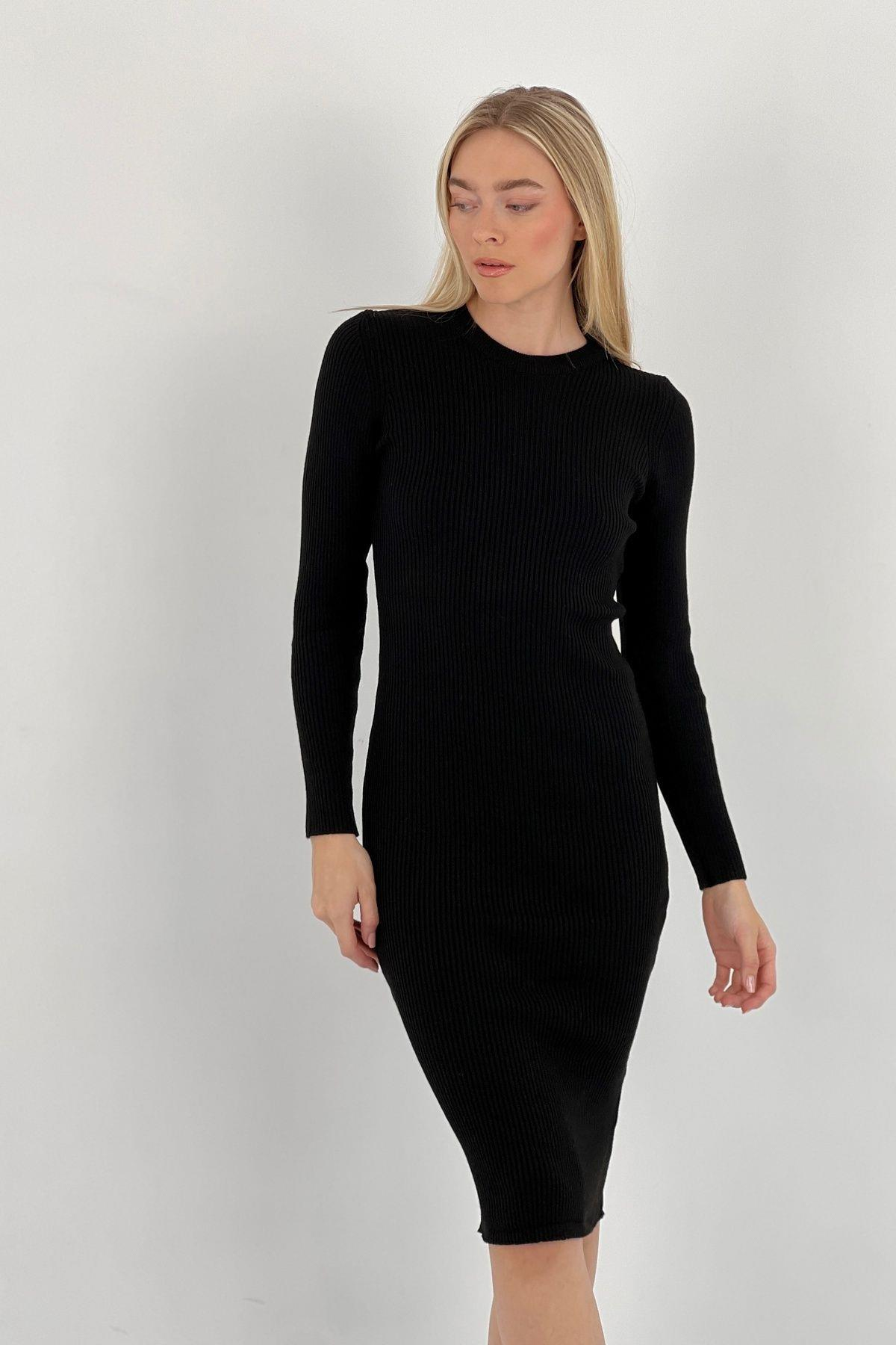 Kadın Bisiklet Yaka Fitilli Basic Uzun Kollu Siyah Triko Elbise-32994-0