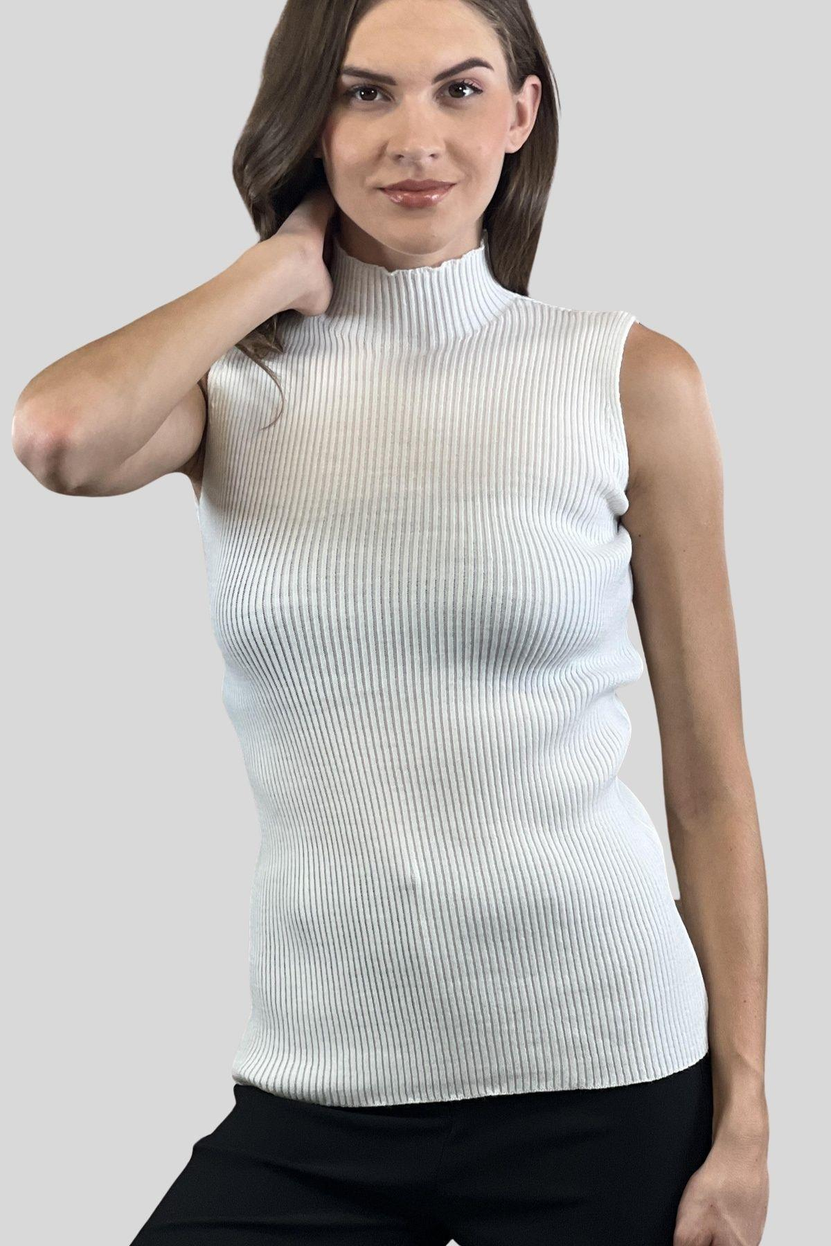 Kadın Boğazlı Balıkçı Yaka Kolsuz Basic Ekru Triko Bluz-MP32977-0