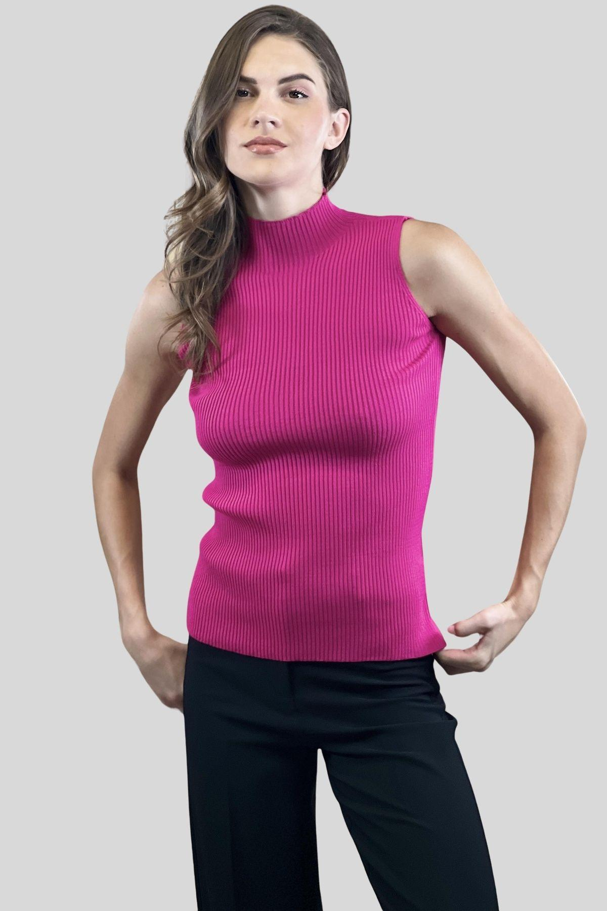 Kadın Boğazlı Balıkçı Yaka Kolsuz Basic Ekru Triko Bluz-MP32977-0