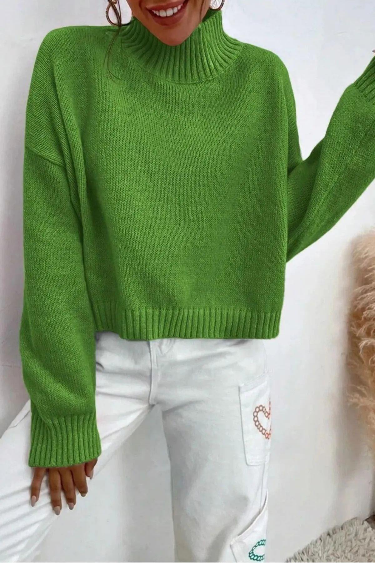 Kadın Boğazlı Balıkçı Yaka Oversize Uzun Yeşil Triko Kazak-32975