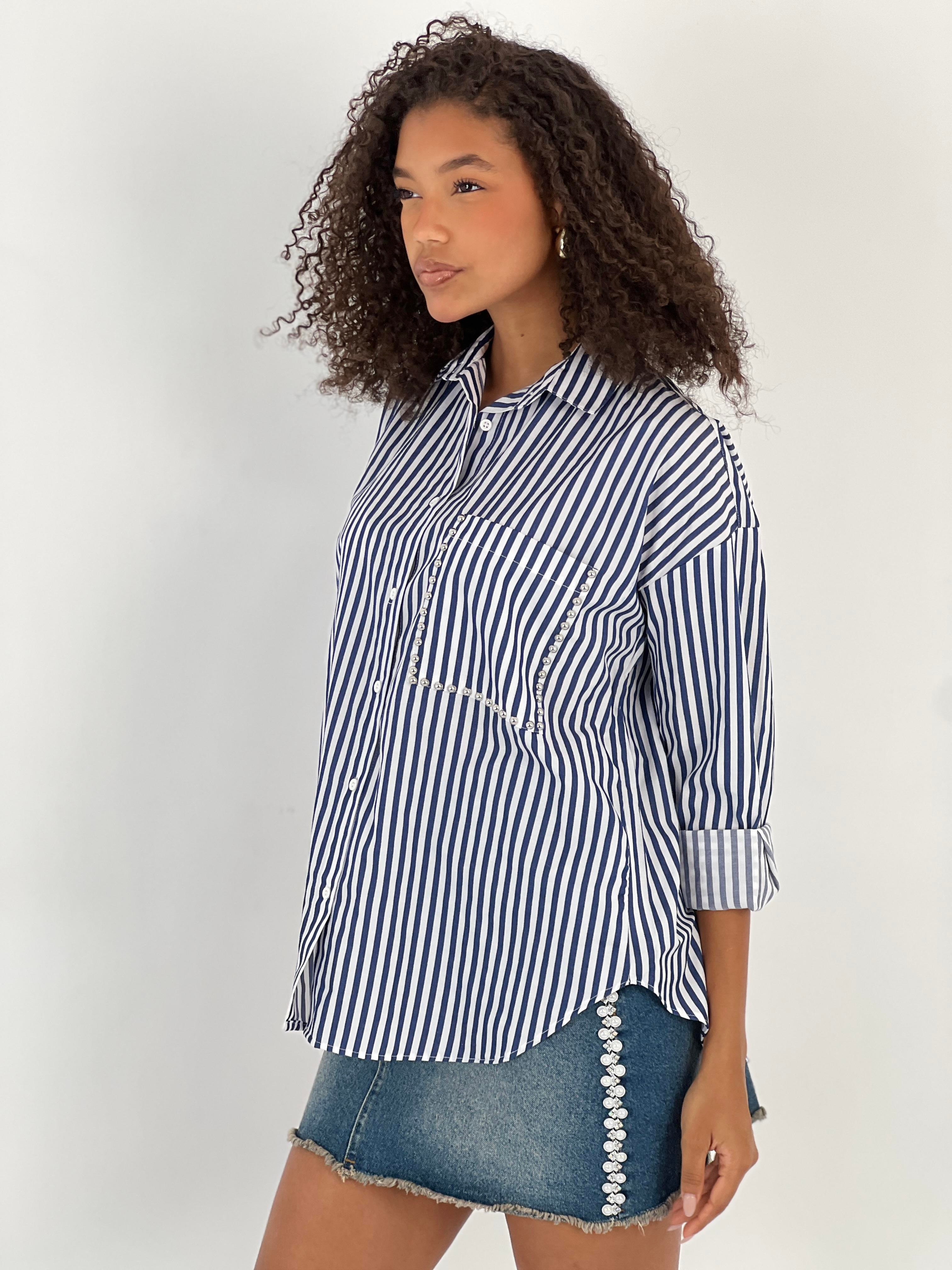 Kadın Çizgili Cep Taş İşlemeli Lacivert Gömlek-27317-X15