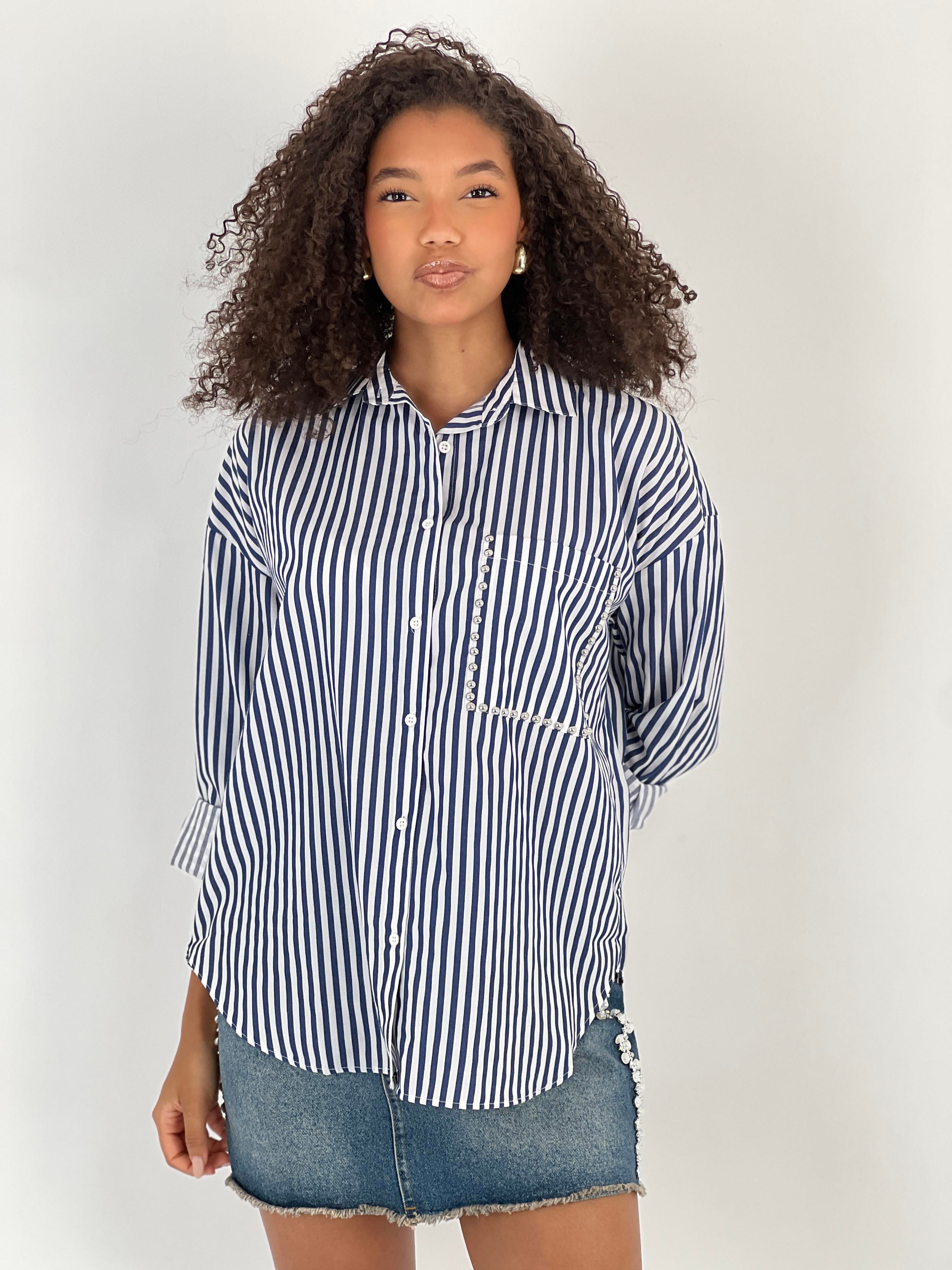 Kadın Çizgili Cep Taş İşlemeli Lacivert Gömlek-27317-X15