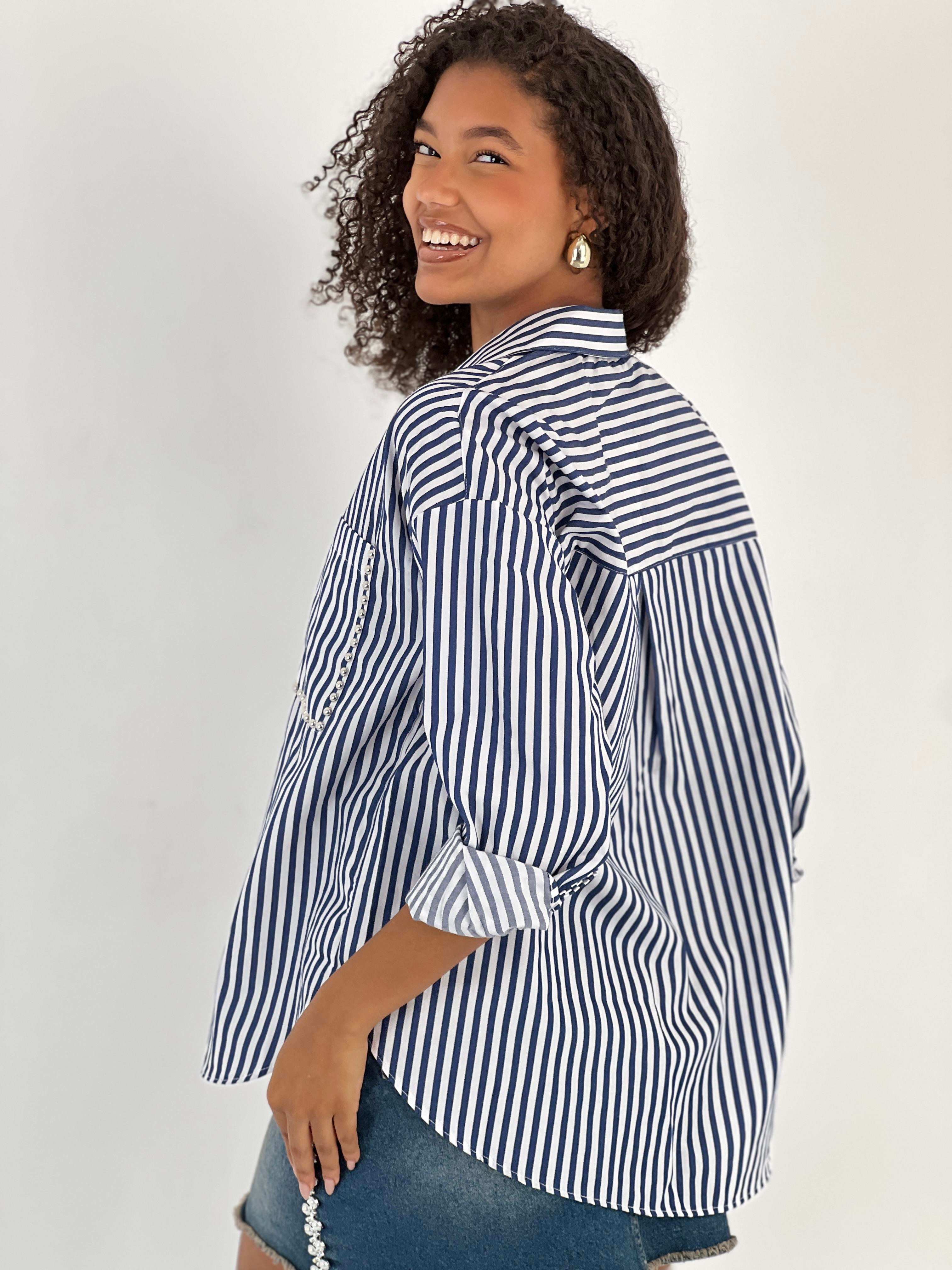Kadın Çizgili Cep Taş İşlemeli Lacivert Gömlek-27317-X15