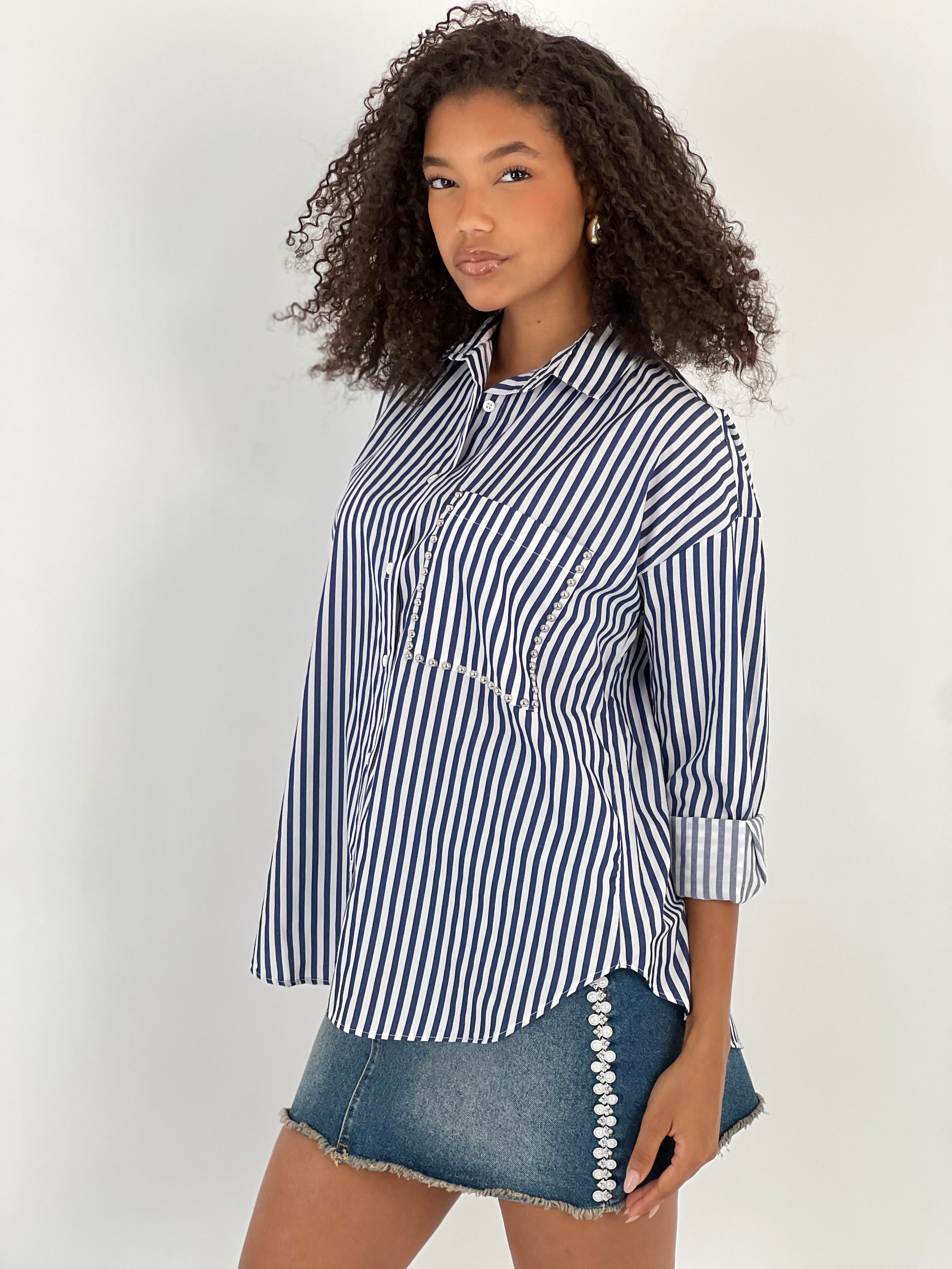 Kadın Çizgili Cep Taş İşlemeli Lacivert Gömlek-27317-X15