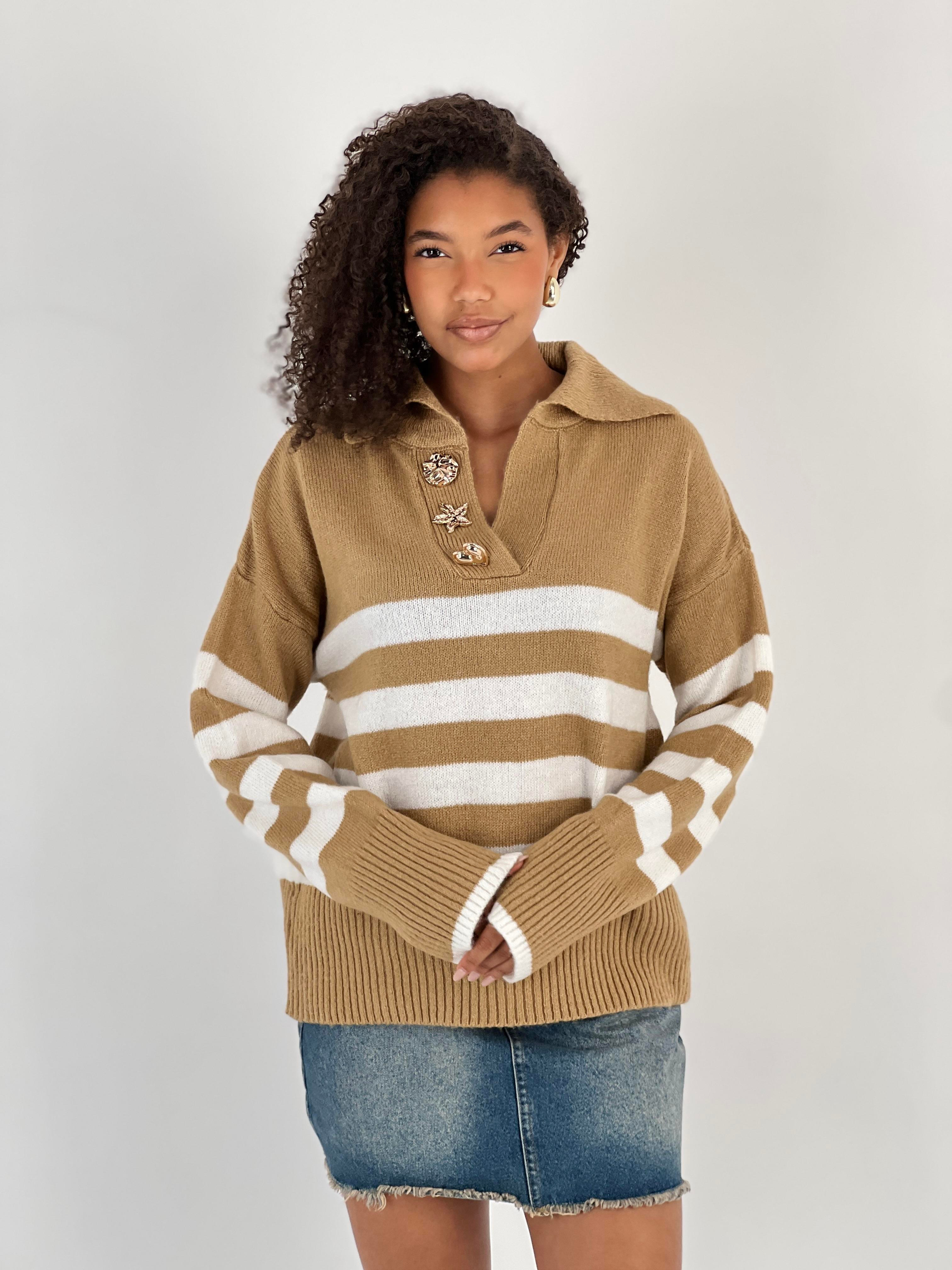 Kadın Çizgili Figürlü Düğmeli Camel Triko Kazak-33262-1