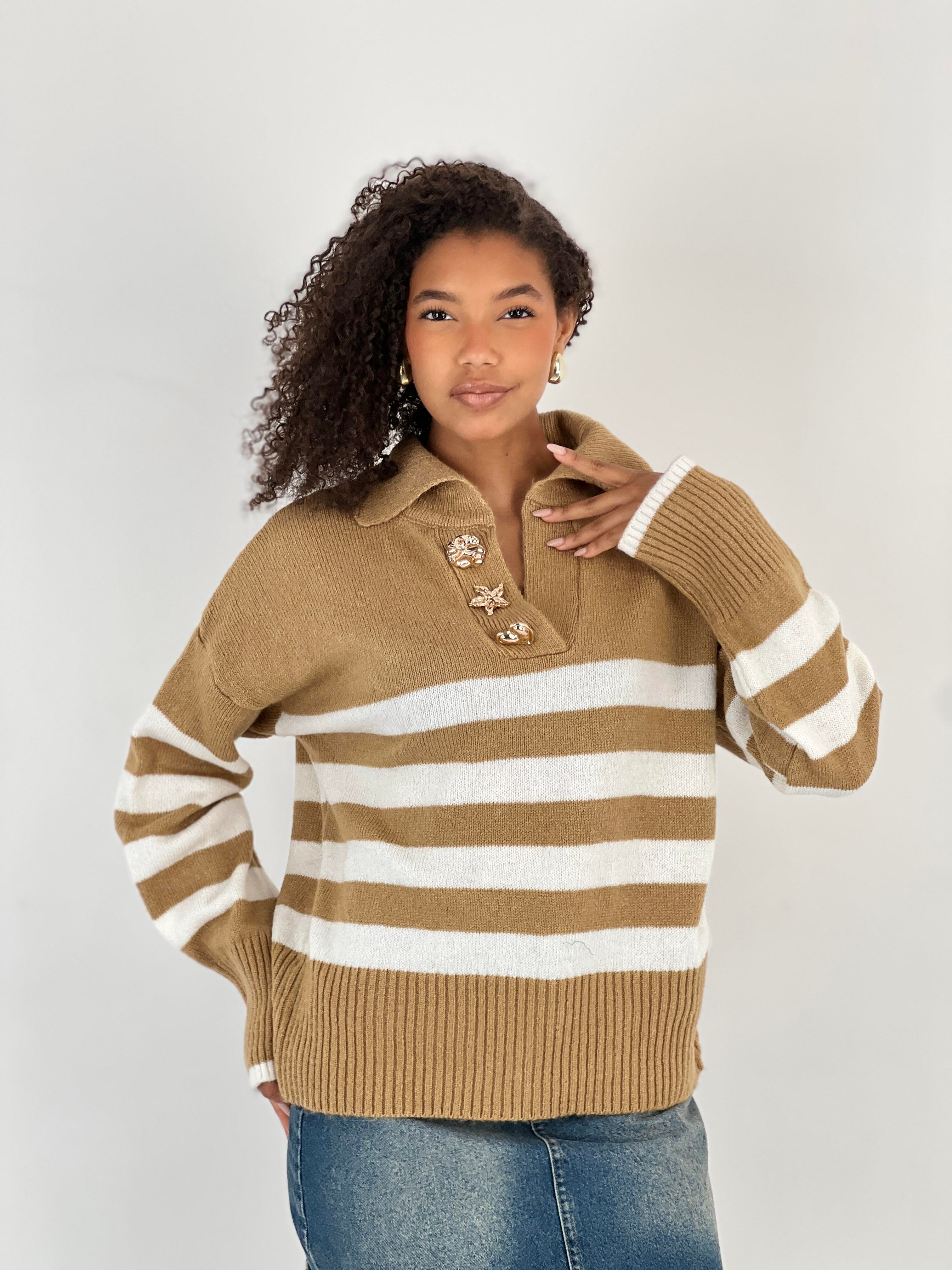 Kadın Çizgili Figürlü Düğmeli Camel Triko Kazak-33262-1