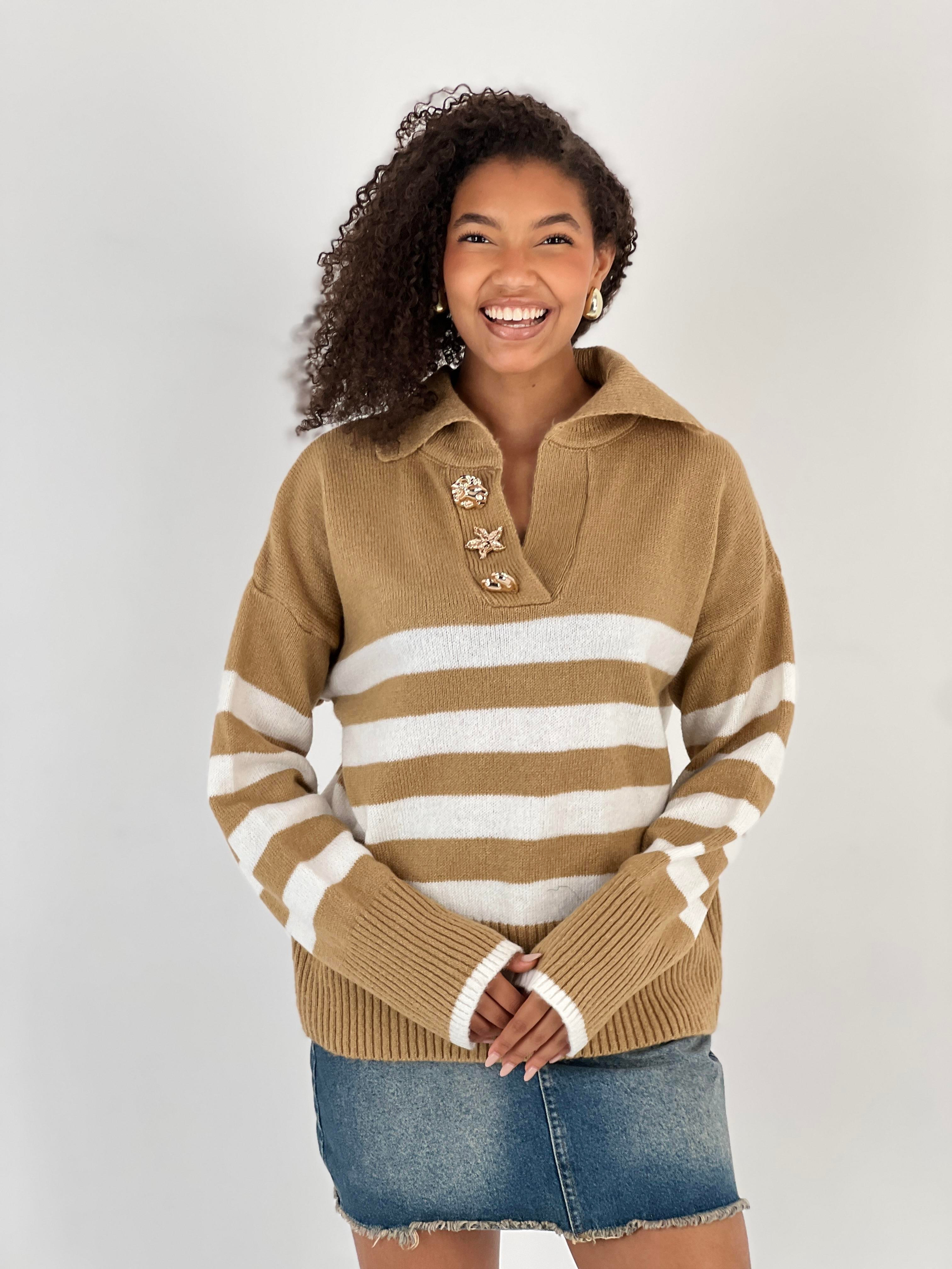 Kadın Çizgili Figürlü Düğmeli Camel Triko Kazak-33262-1