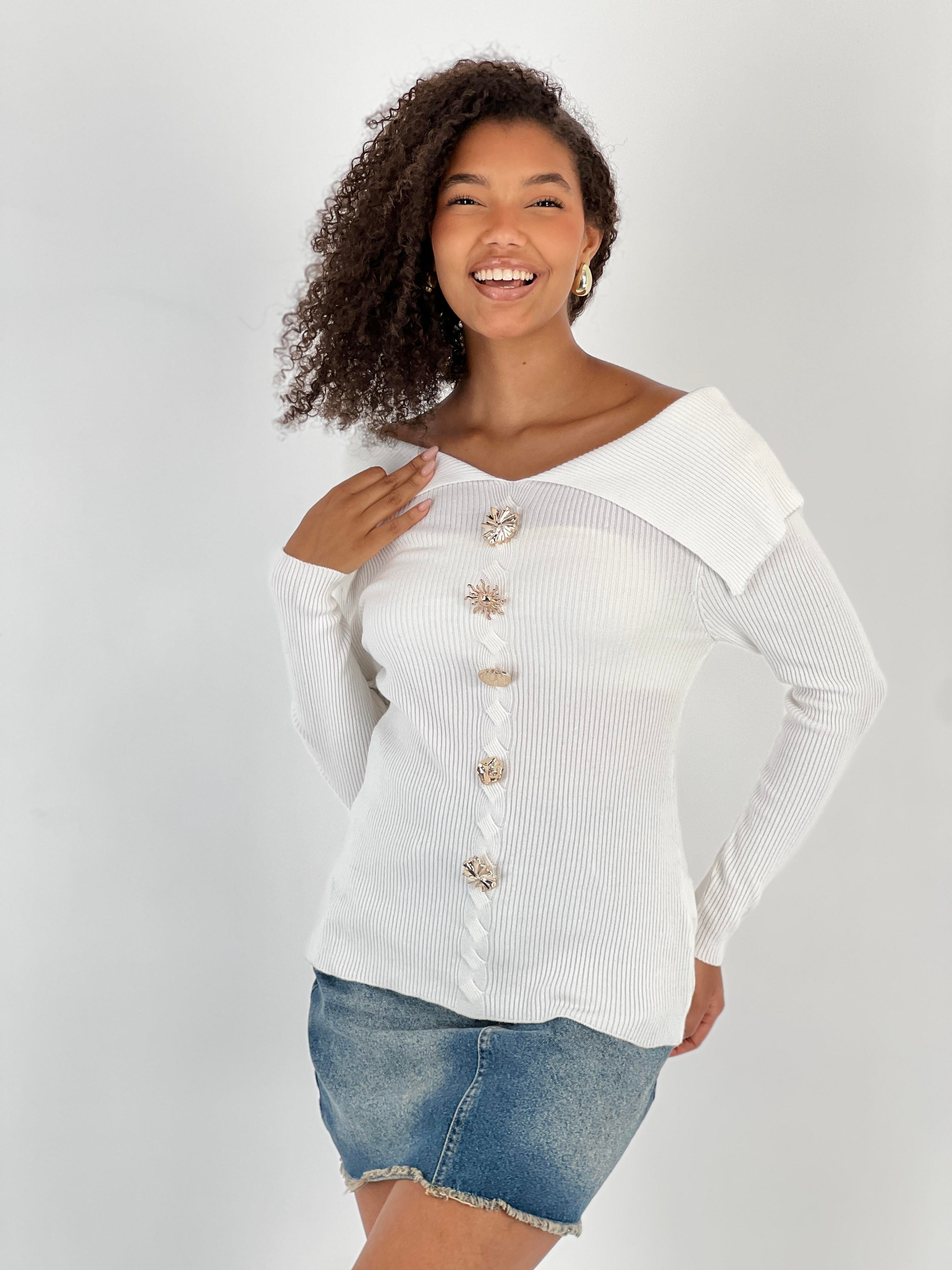 Kadın Geniş Yaka Figür Düğmeli Ekru Triko-33245-1