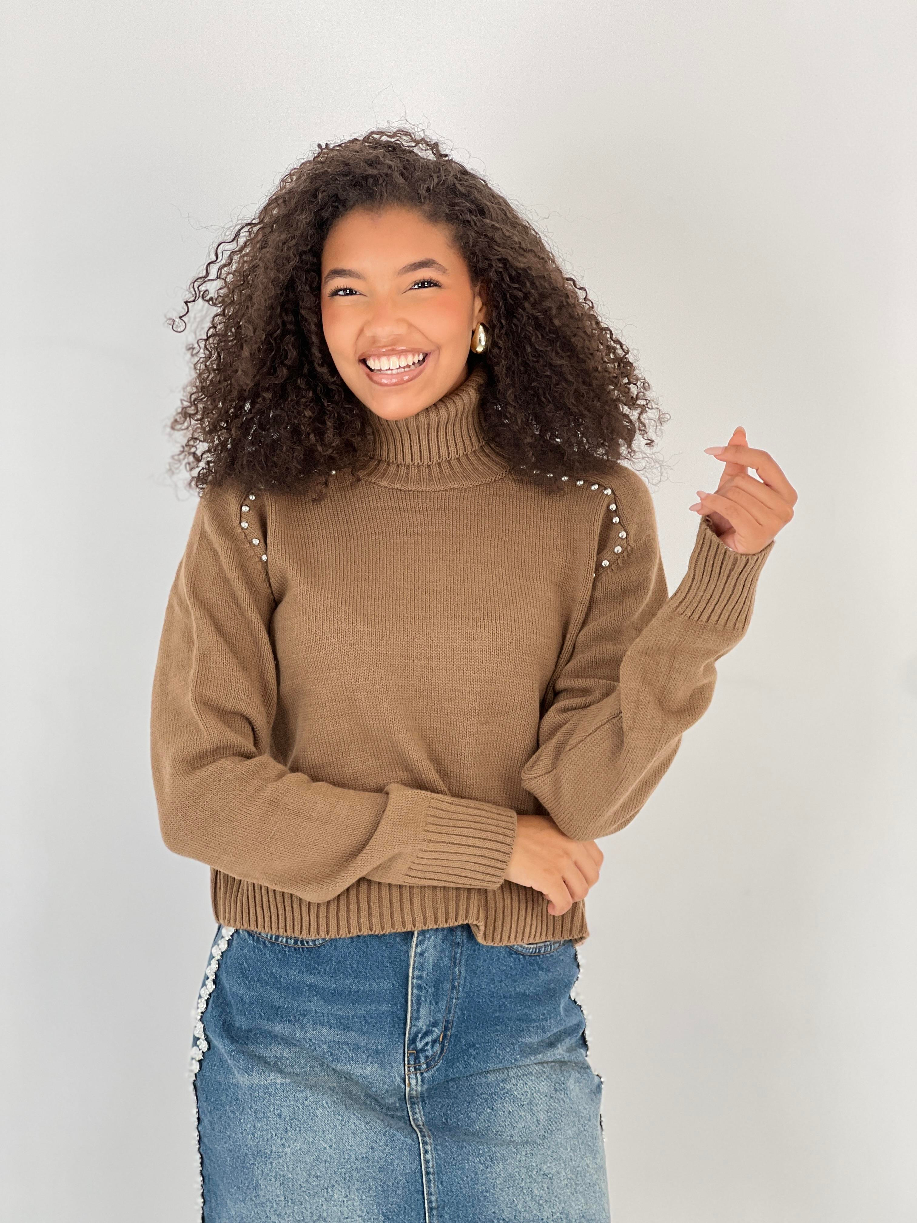 Kadın İnci Detaylı Kahverengi Balıkçı Yaka Triko Kazak-32983-13