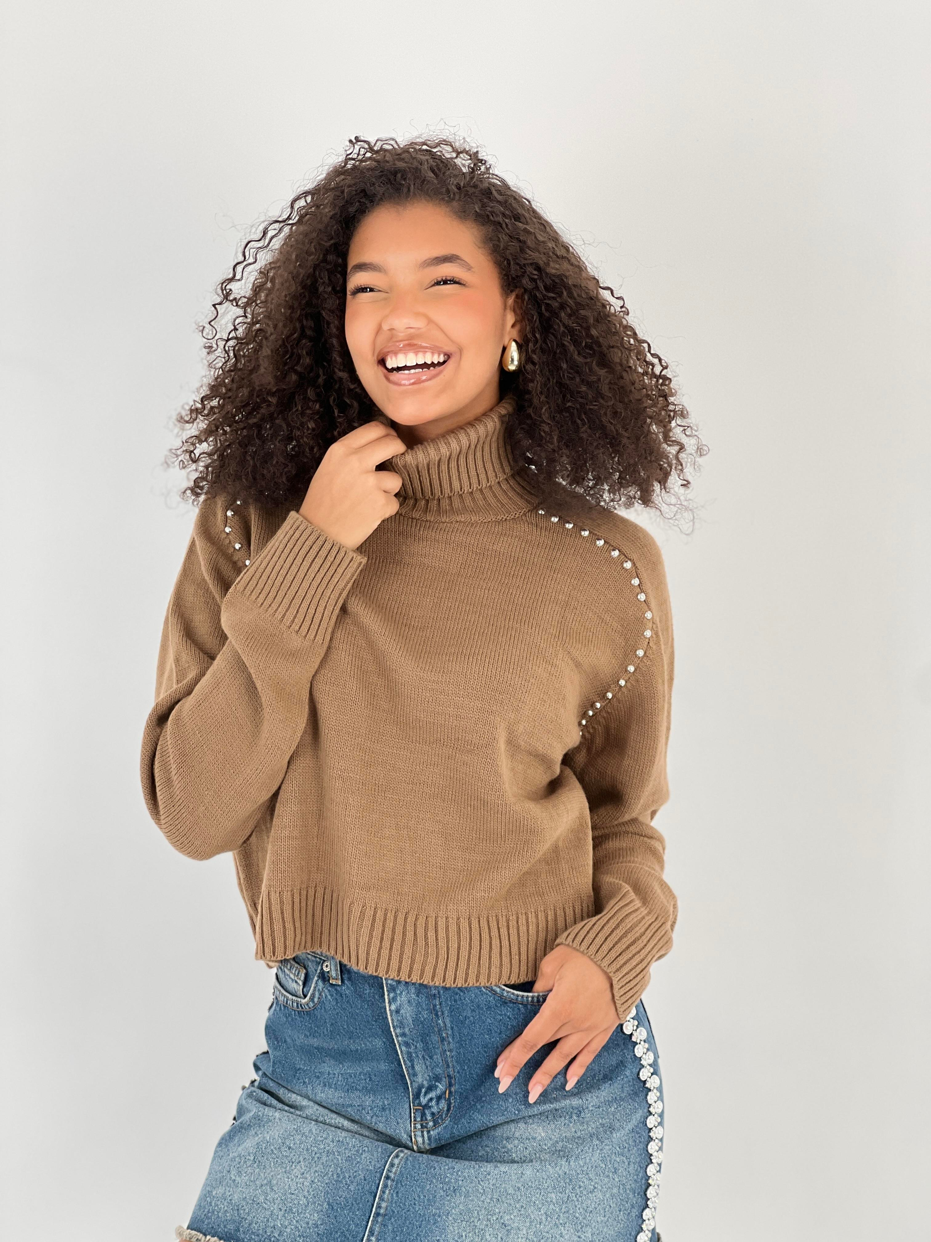 Kadın İnci Detaylı Kahverengi Balıkçı Yaka Triko Kazak-32983-13