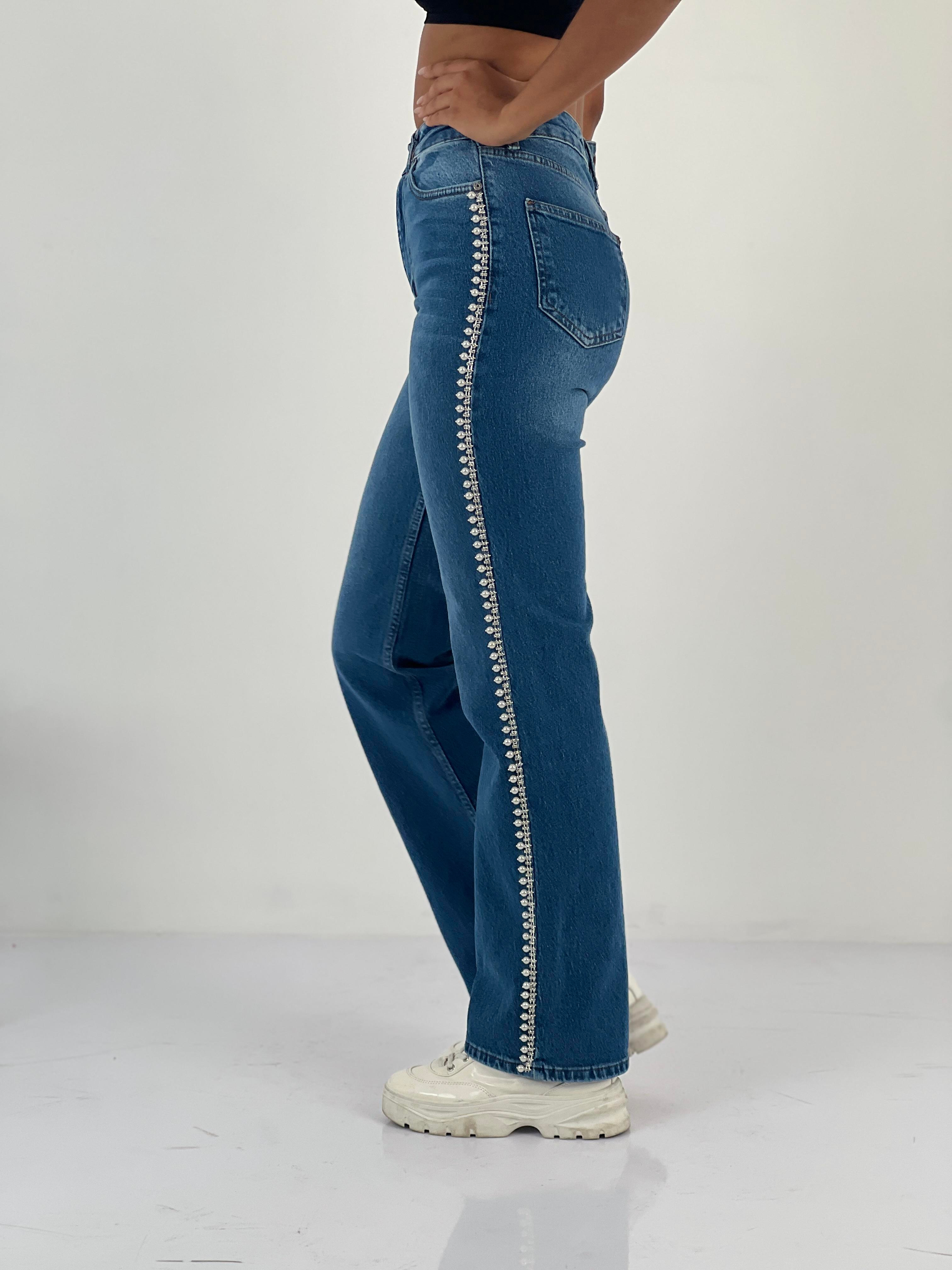 Kadın İnci Detaylı Yüksek Bel Mavi Jean Pantolon-75456-44