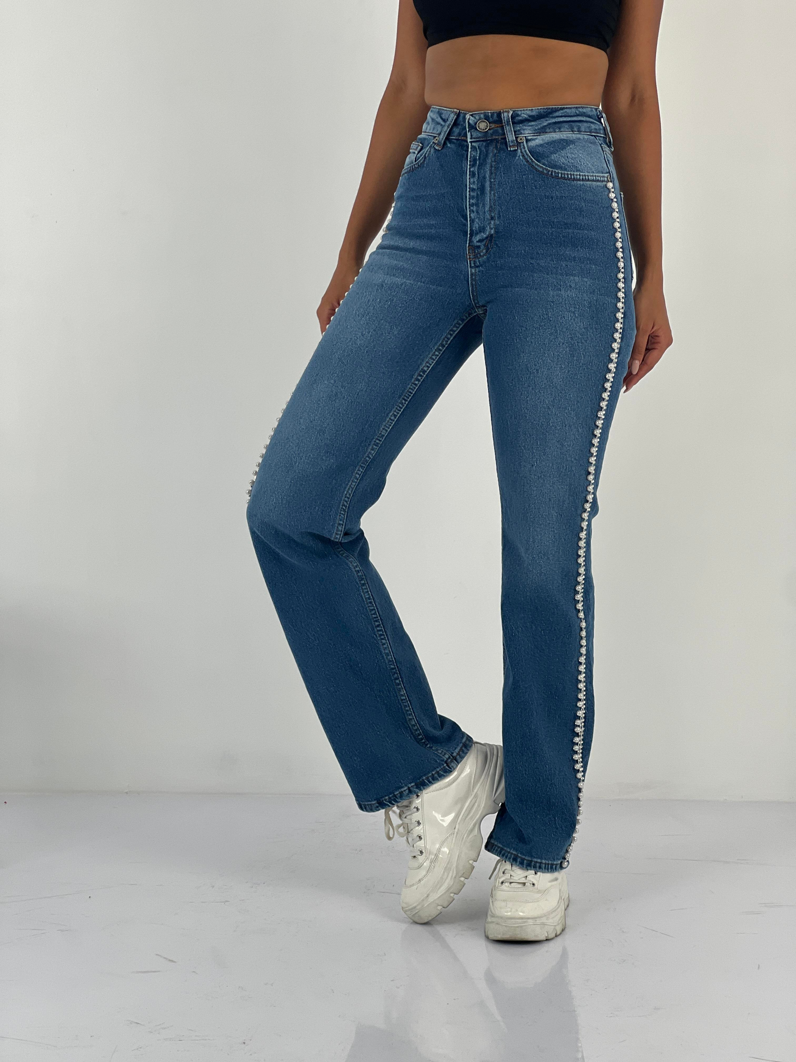 Kadın İnci Detaylı Yüksek Bel Mavi Jean Pantolon-75456-44
