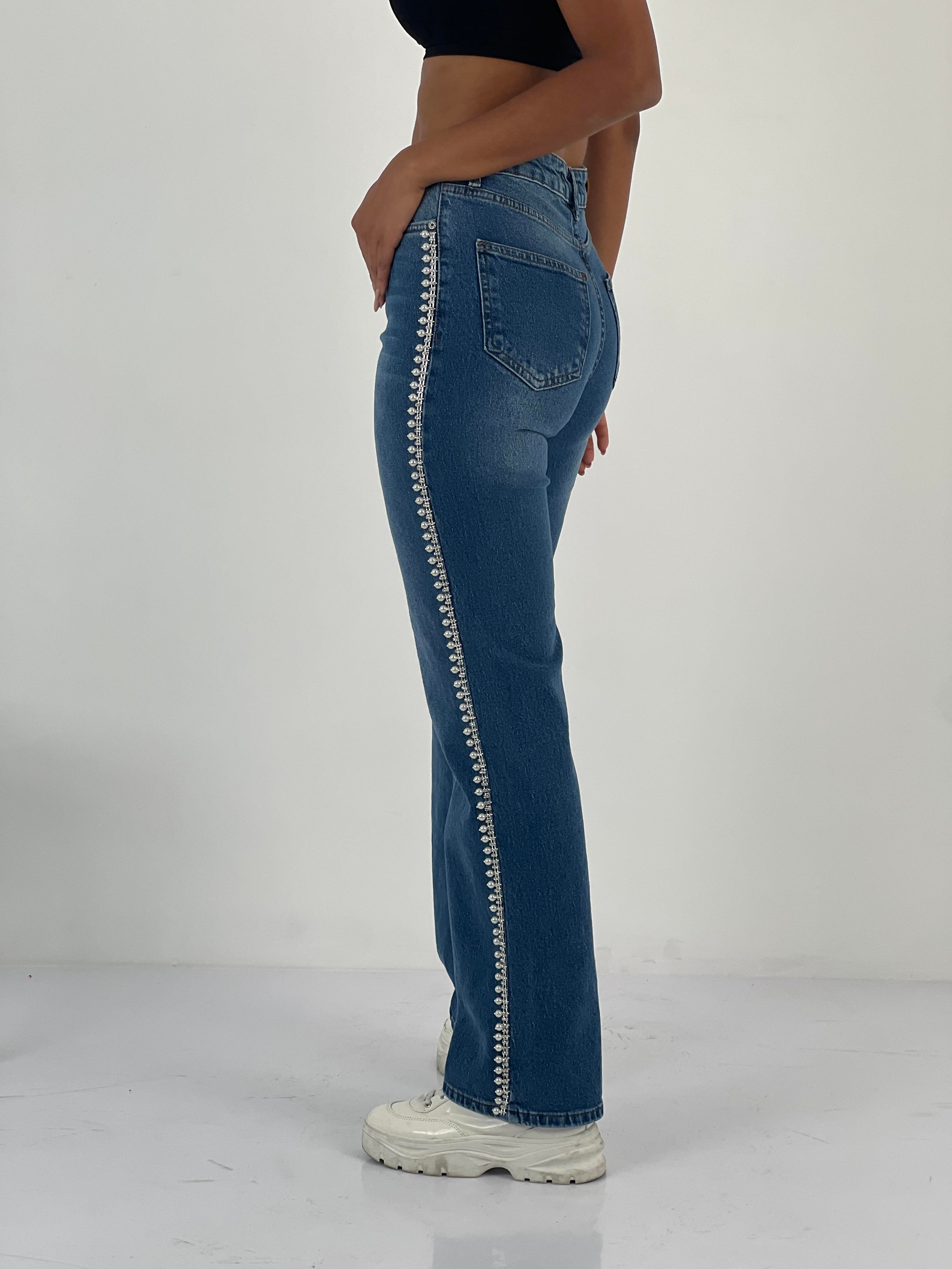 Kadın İnci Detaylı Yüksek Bel Mavi Jean Pantolon-75456-44