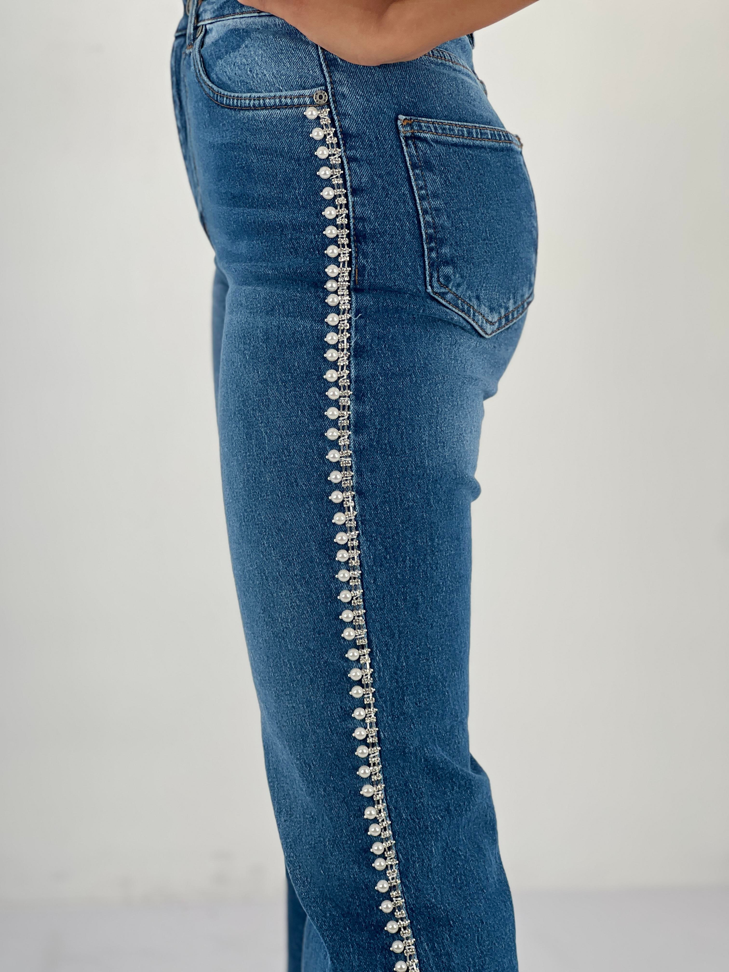 Kadın İnci Detaylı Yüksek Bel Mavi Jean Pantolon-75456-44