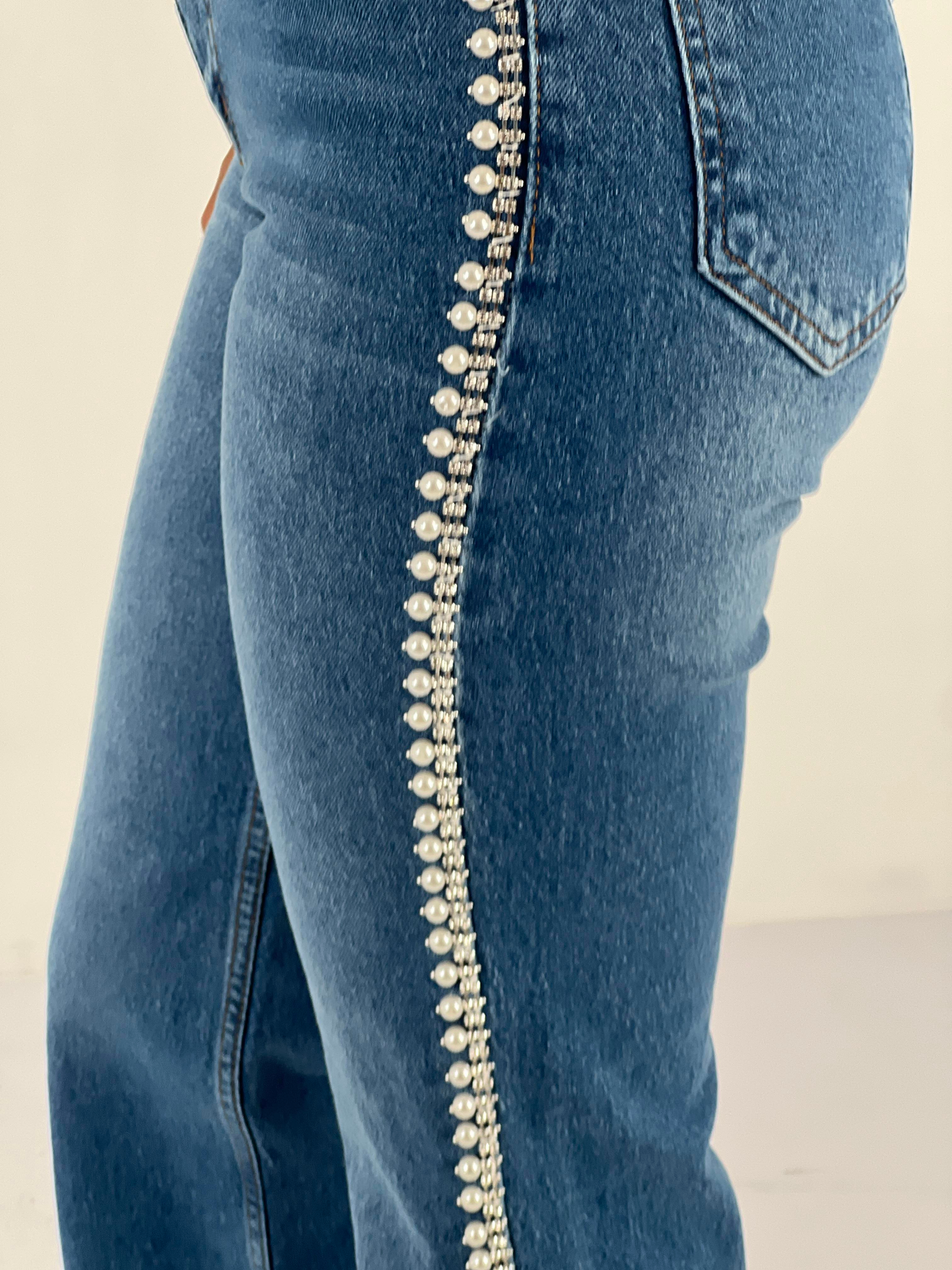 Kadın İnci Detaylı Yüksek Bel Mavi Jean Pantolon-75456-44