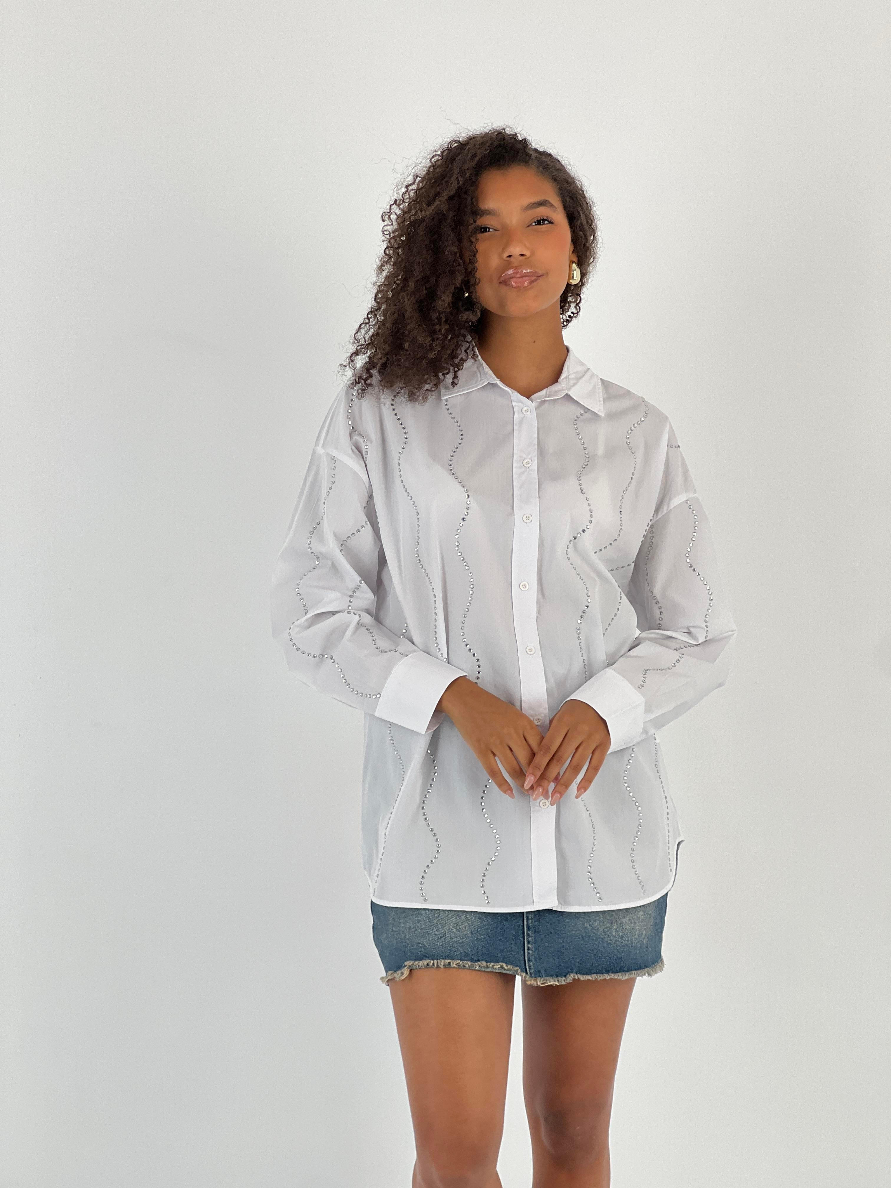 Kadın İnci Yaka Detaylı Beyaz Gömlek-27316-X38