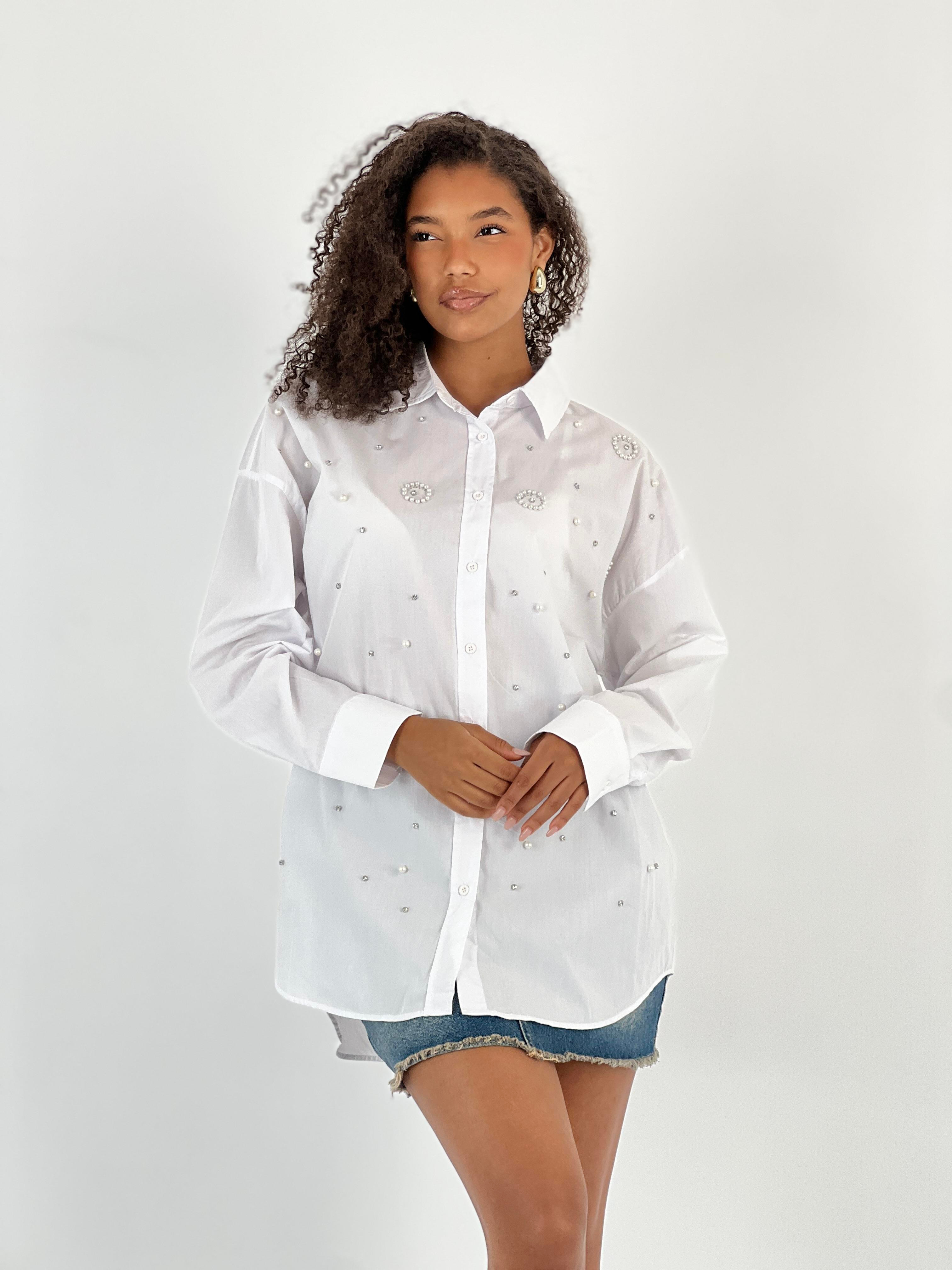 Kadın Işıltılı Taş Detaylı Beyaz Gömlek-27316-X29