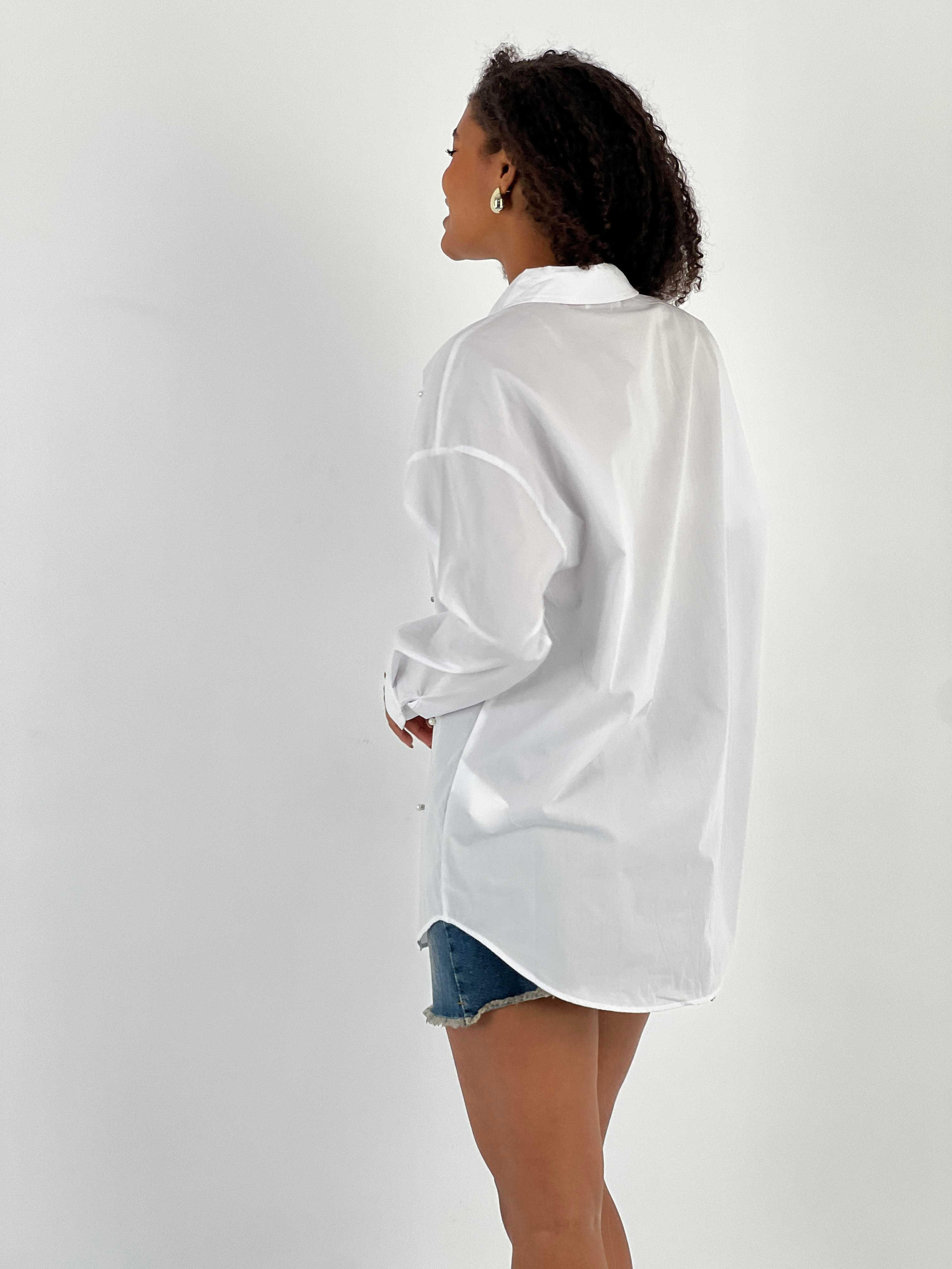 Kadın Işıltılı Taş Detaylı Beyaz Gömlek-27316-X29