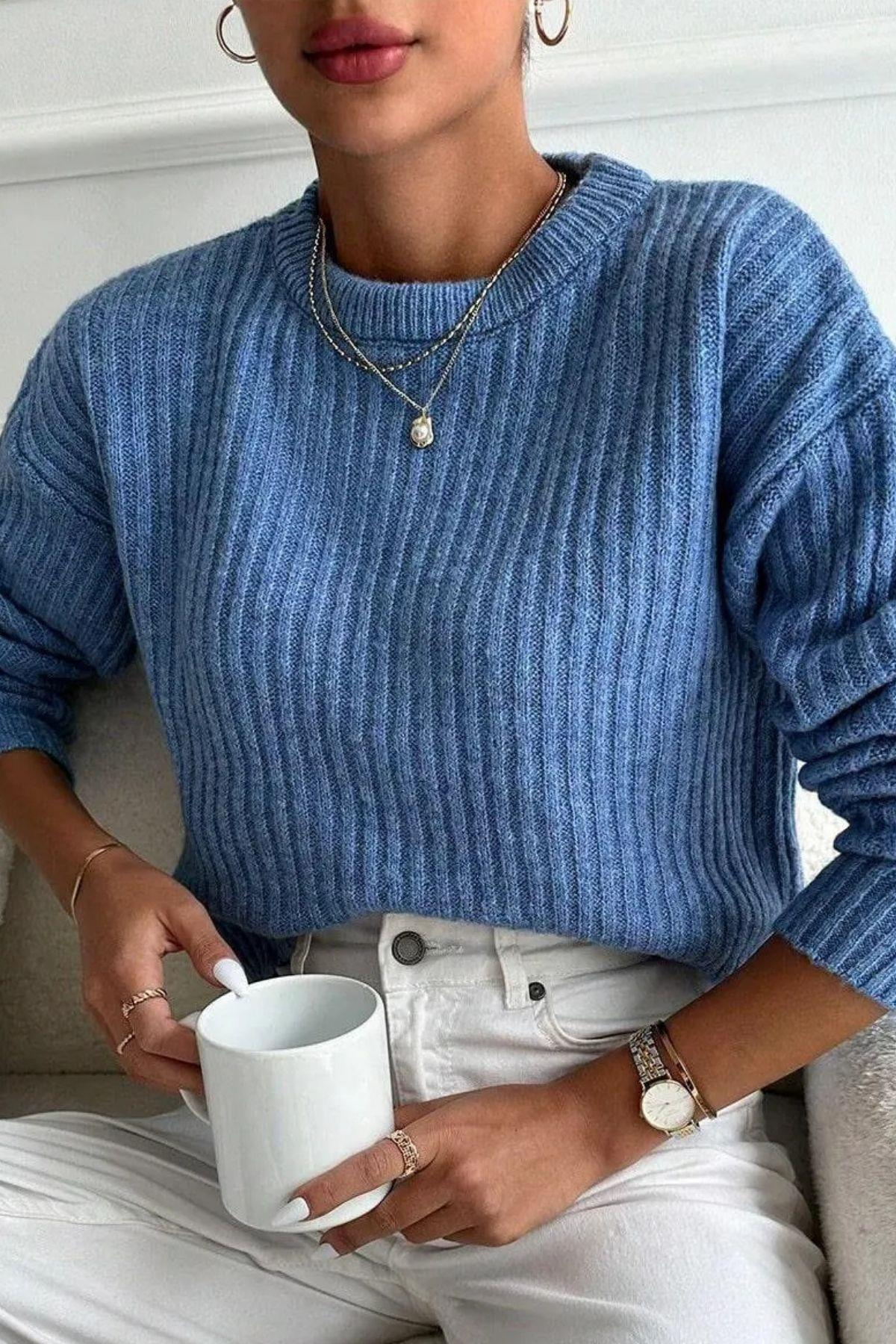 Kadın Kışlık Bisiklet Yaka Basic Oversize Uzun Triko Kazak-33173