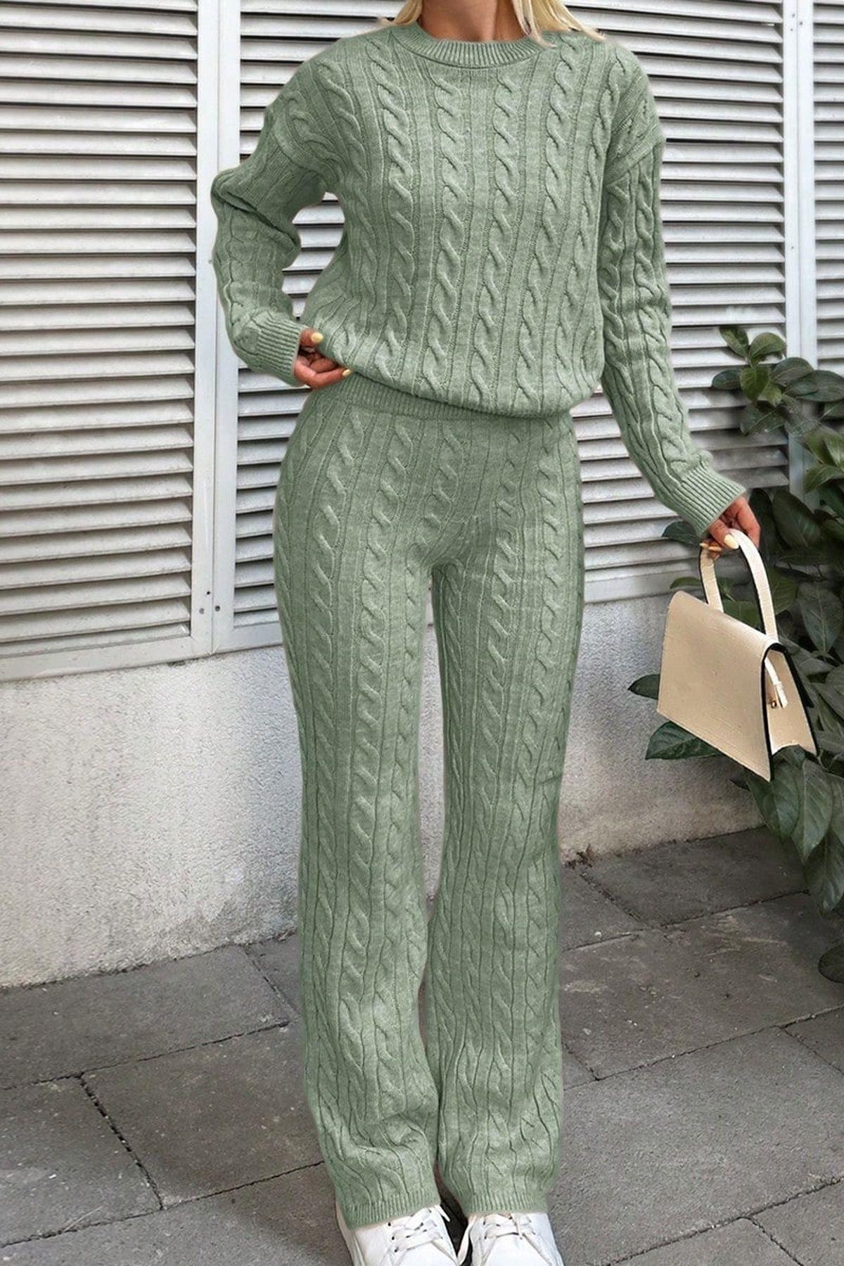 Kadın Kışlık Uzun Tesettür Basic Alt-Üst Bej Triko Takım-33191