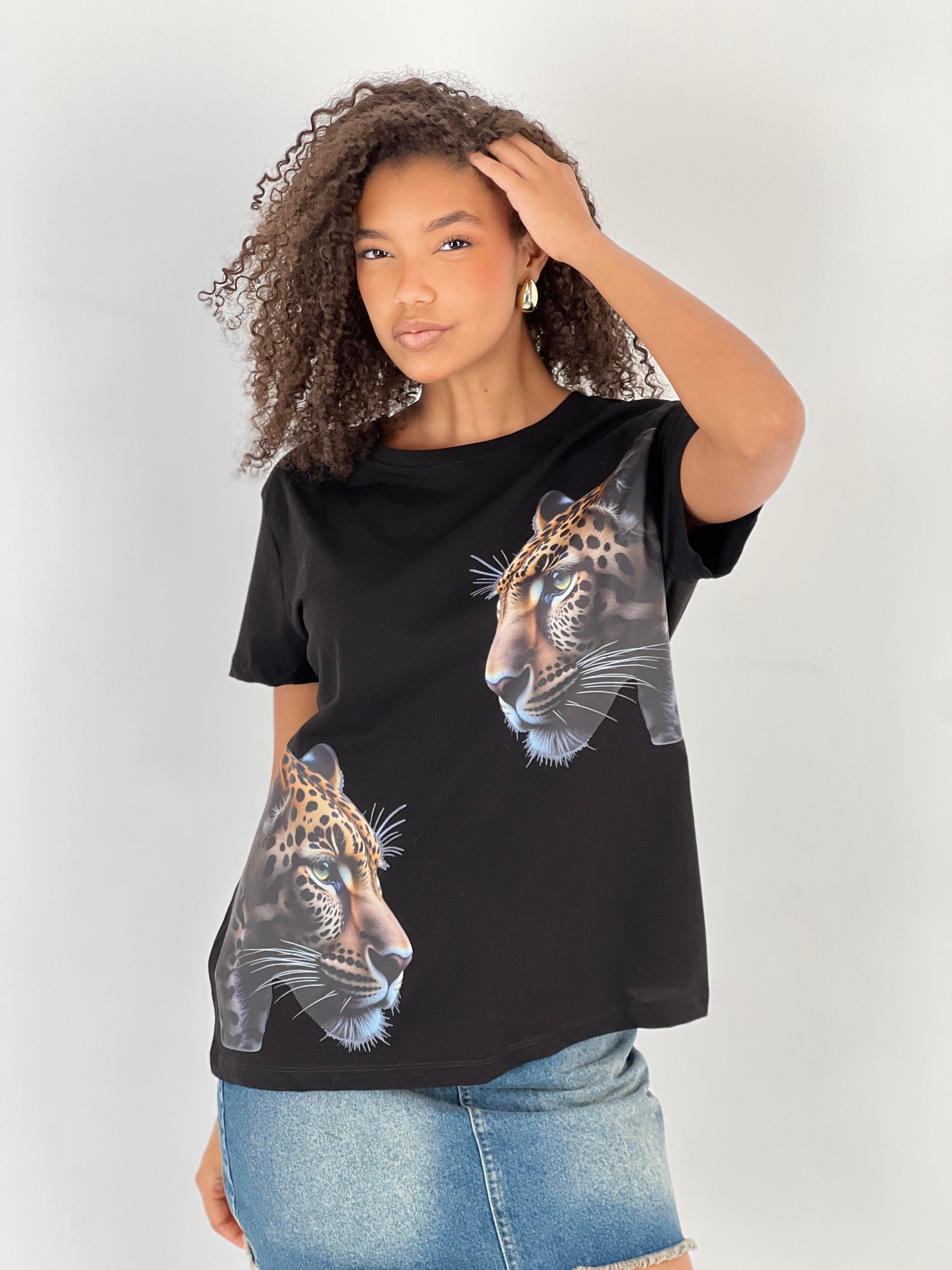 Kadın Leopar Desenli Siyah Tişört-15509-55