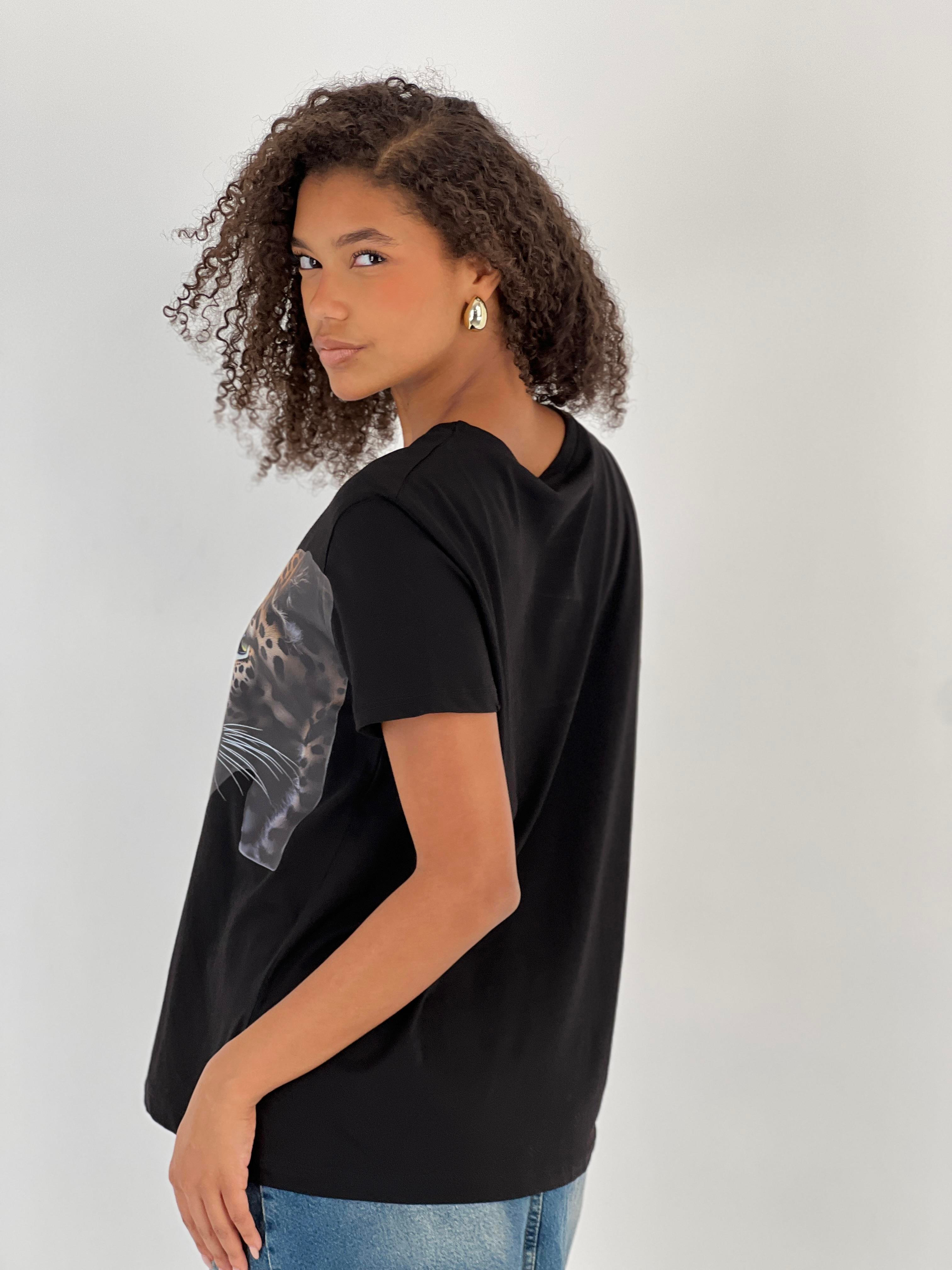 Kadın Leopar Desenli Siyah Tişört-15509-55