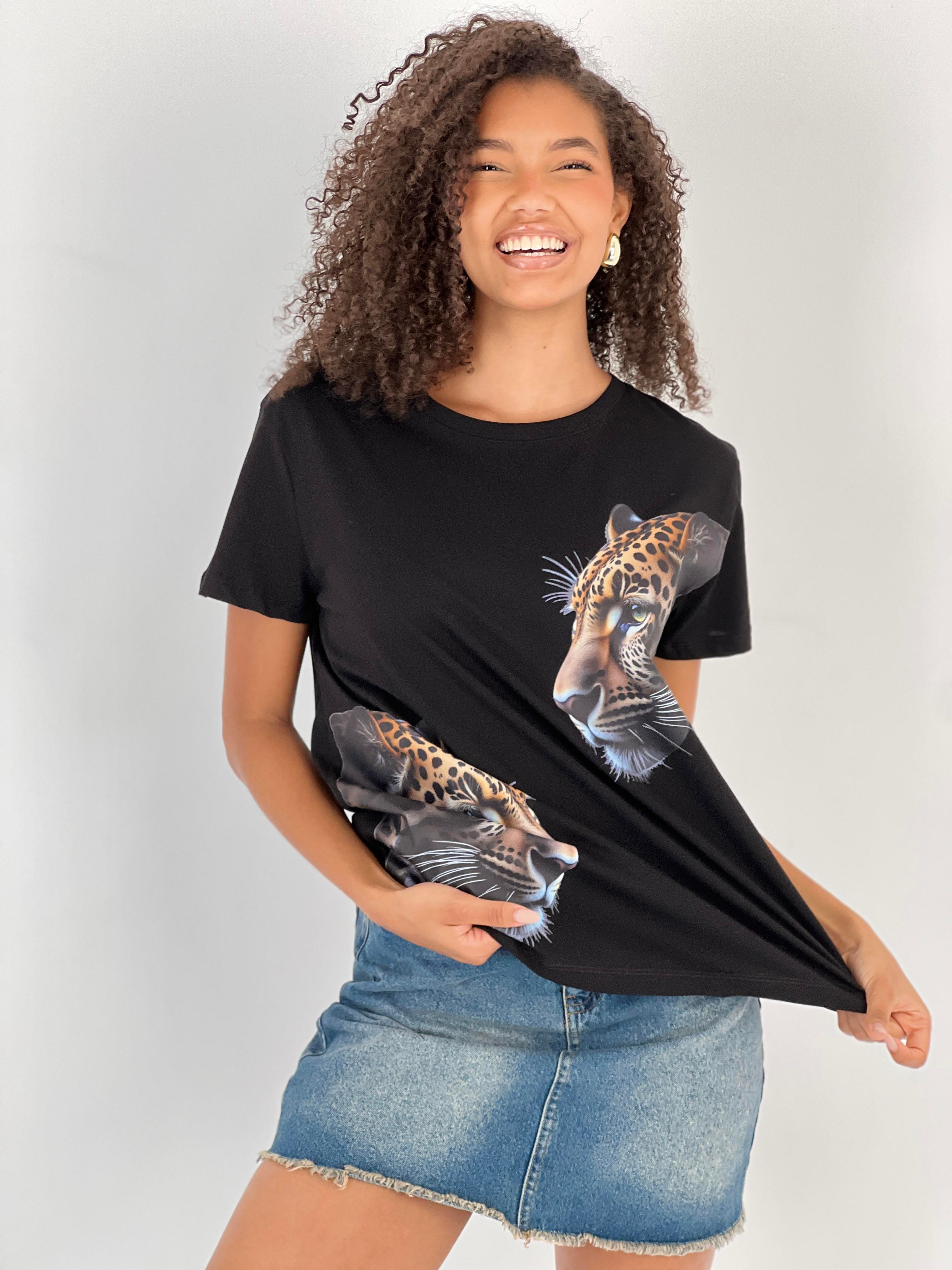 Kadın Leopar Desenli Siyah Tişört-15509-55