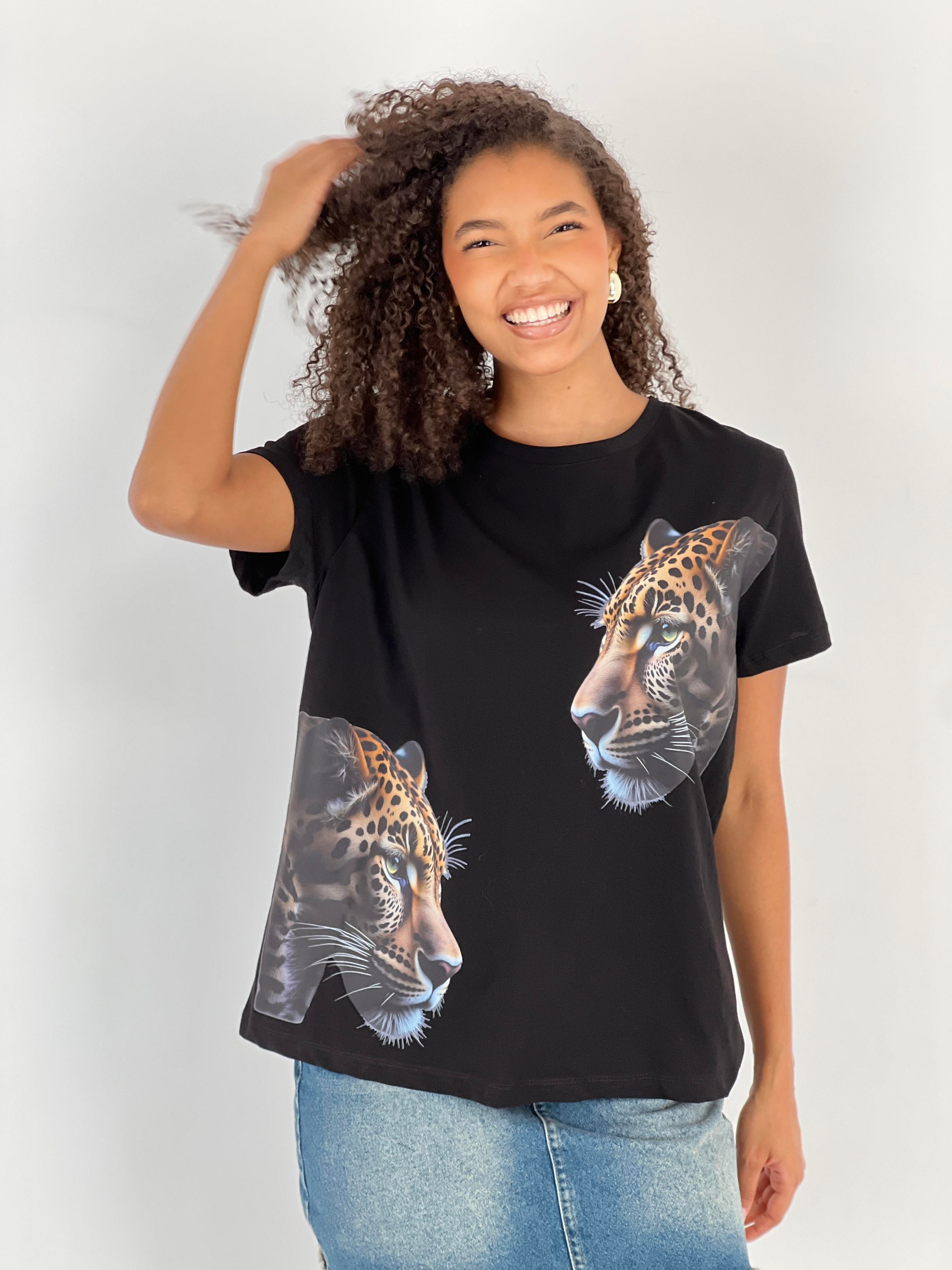 Kadın Leopar Desenli Siyah Tişört-15509-55