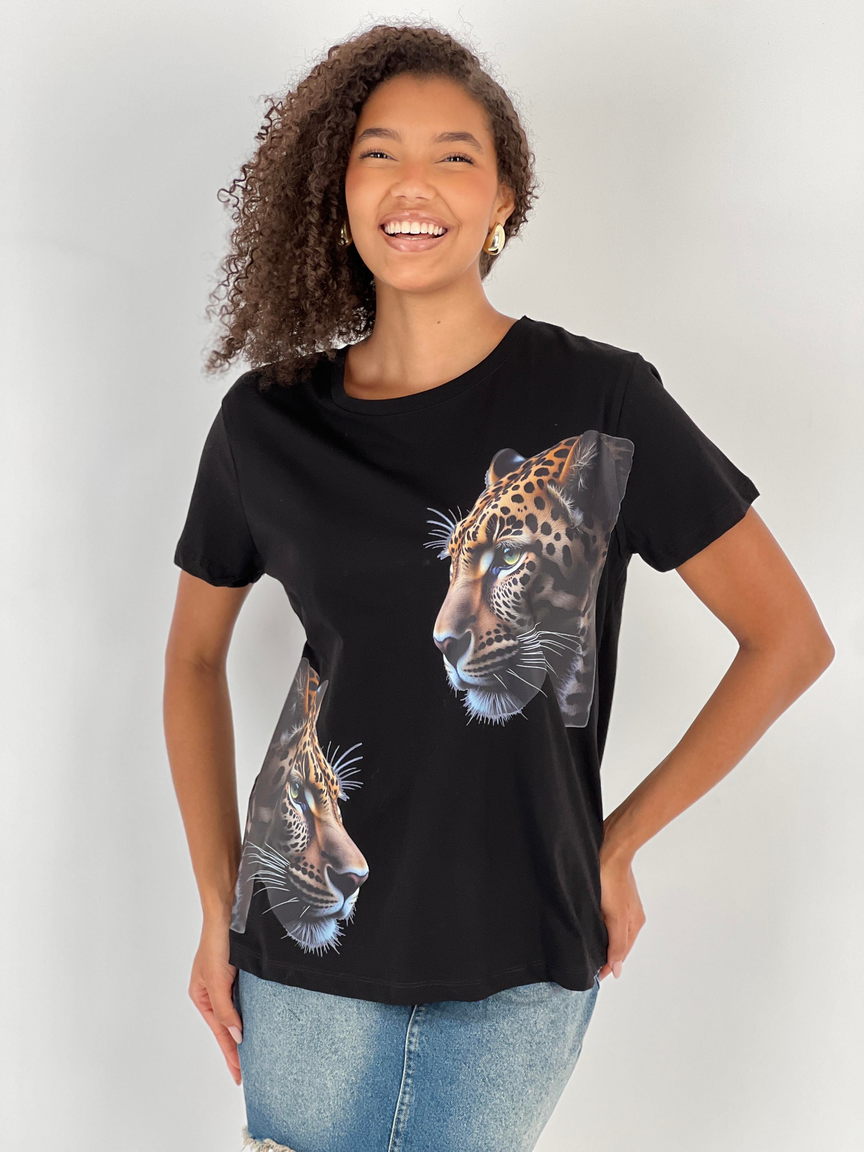 Kadın Leopar Desenli Siyah Tişört-15509-55