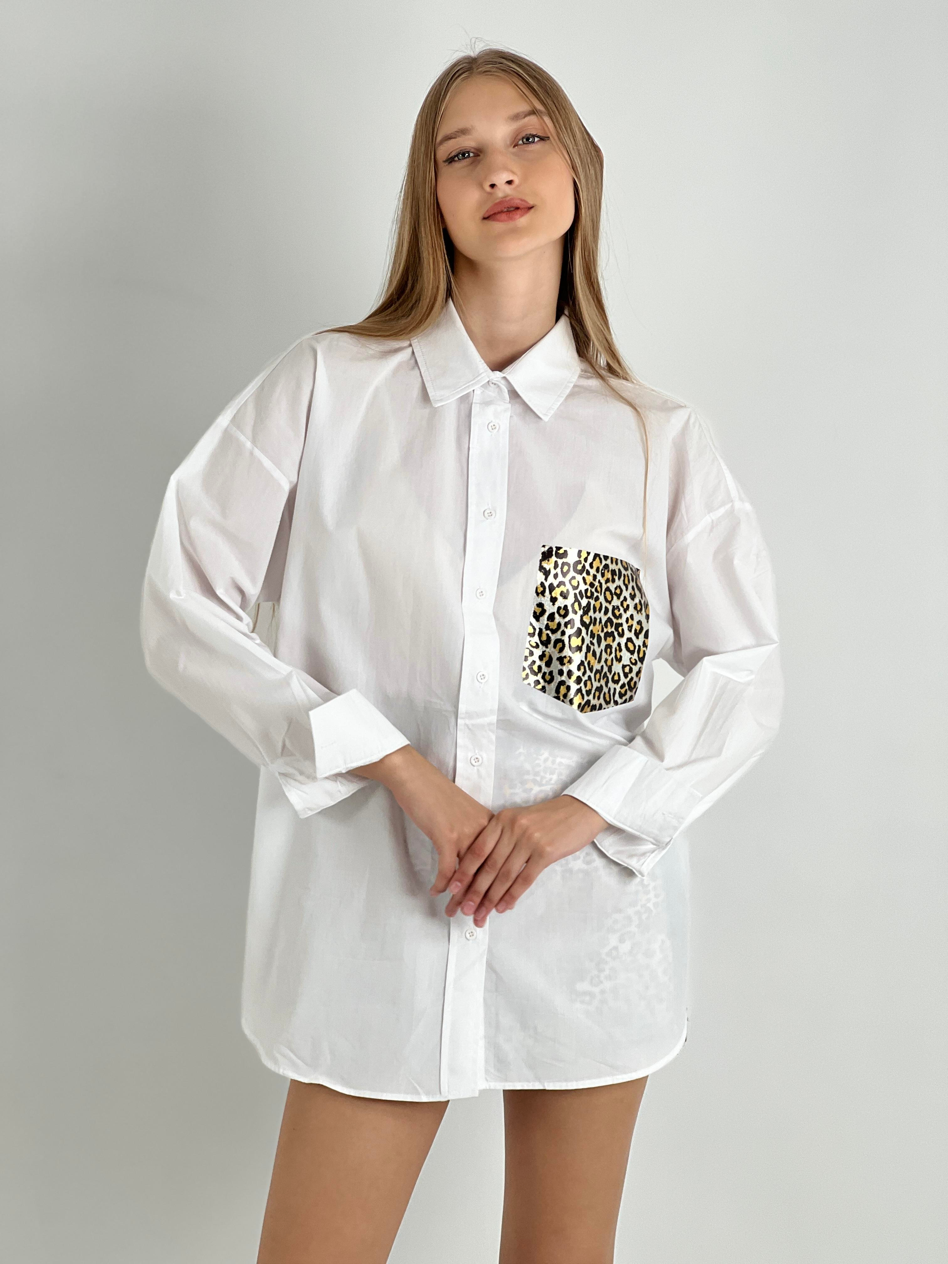 Kadın Leopar Varaklı Cep Detaylı Oversize Gömlek - Beyaz-27316-5