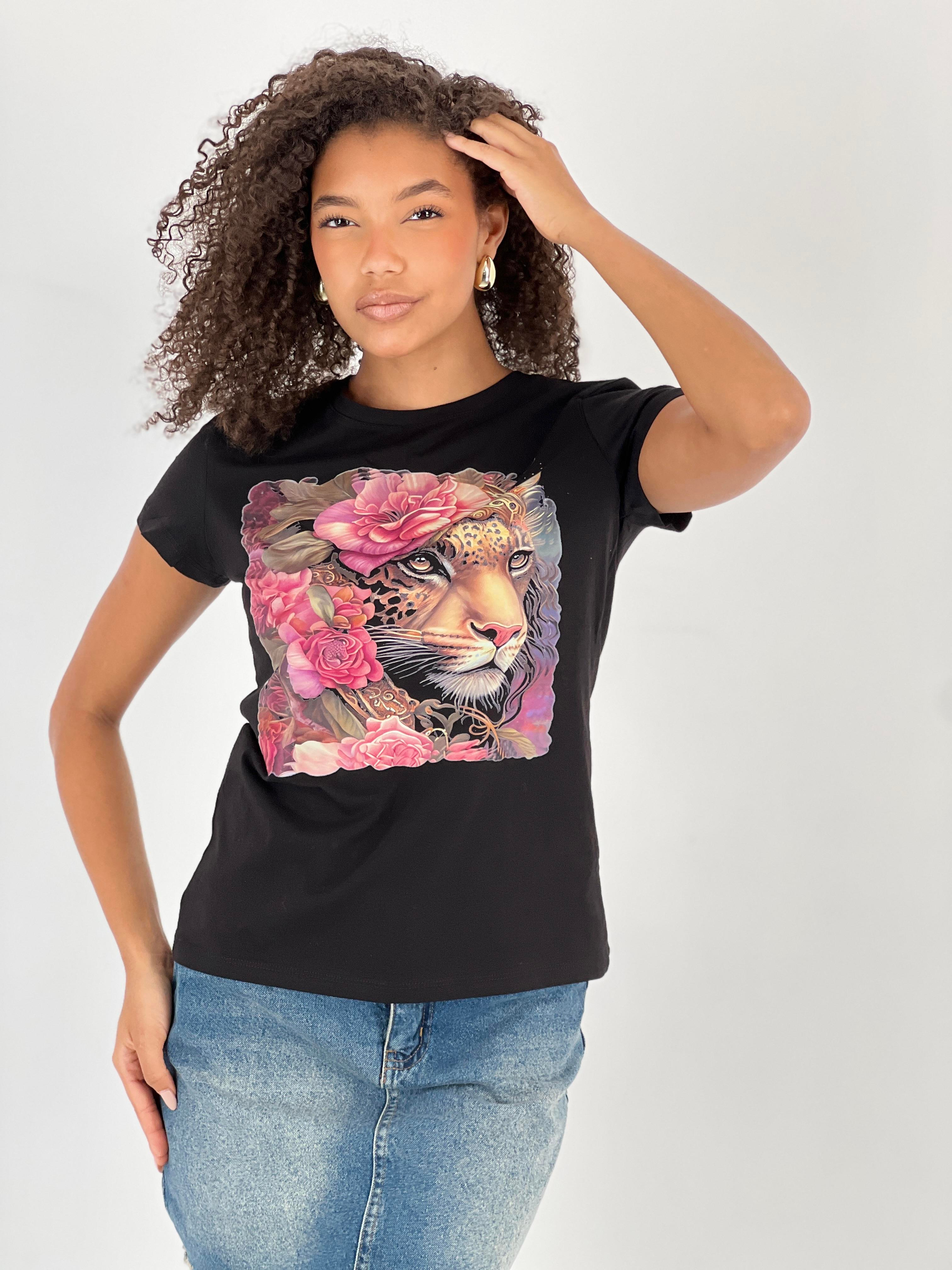 Kadın Leopar ve Gül Desenli Siyah T-Shirt-15520-49