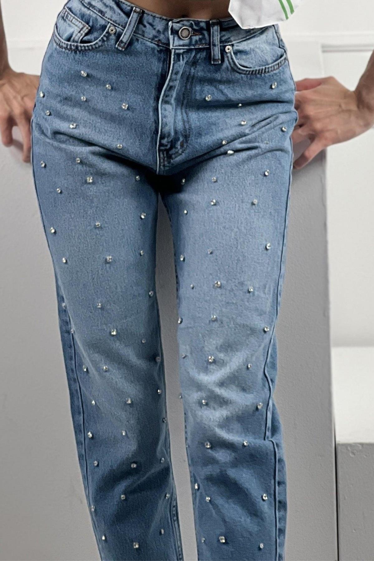 Kadın Mavi Mom Jeans Taş Çakım Detaylı  Denim Pantolon  % 100 Cotton 72738M2-72738M-234